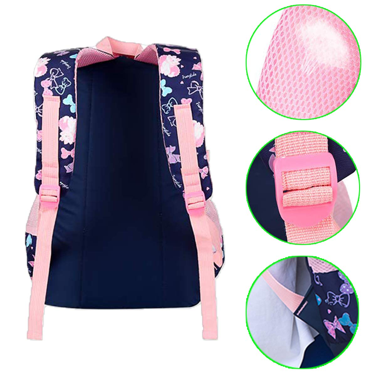 Rückseite eines marineblauen Rucksacks mit rosa Trägern und Details. Blumenmuster.