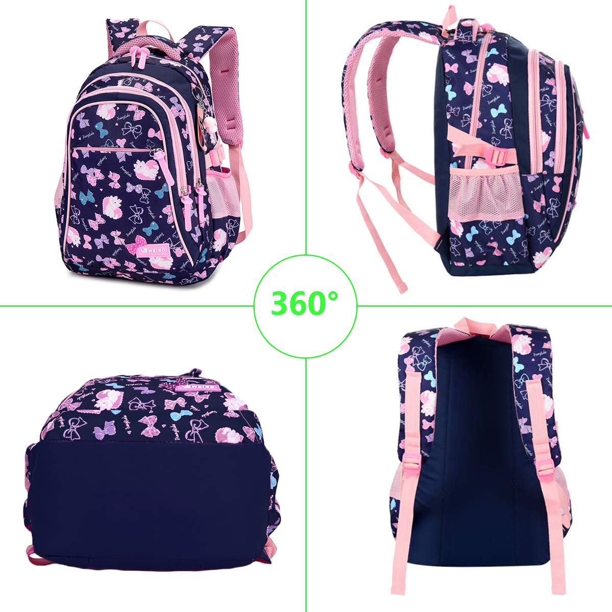 Mehrere Ansichten eines marineblauen Rucksacks mit rosa Details und Blumenmustern. 360-Grad-Ansicht.