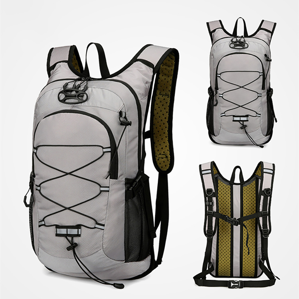 Grauer Rucksack mit schwarzen Akzenten und einem Trinksystem-Design. Mehrere Ansichten werden gezeigt.