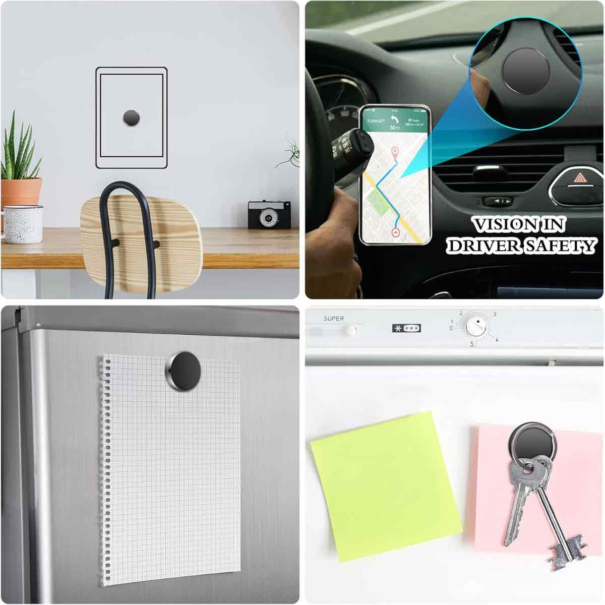 Eine Collage von Bildern, die eine schwarze magnetische Halterung in verschiedenen Kontexten zeigen: Wand, Innenraum eines Autos, Kühlschrank.