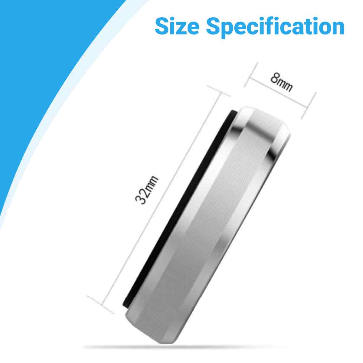 Ein silbernes Metallrechteck mit den angegebenen Abmessungen: 32 mm Länge, 8 mm Breite. Es handelt sich um eine Produktspezifikation.