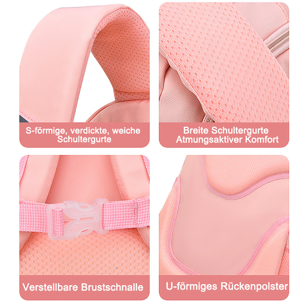 Nahaufnahmen von Merkmalen eines rosa Rucksacks: Schultergurte, Brustschnalle und Rückenpolsterung.