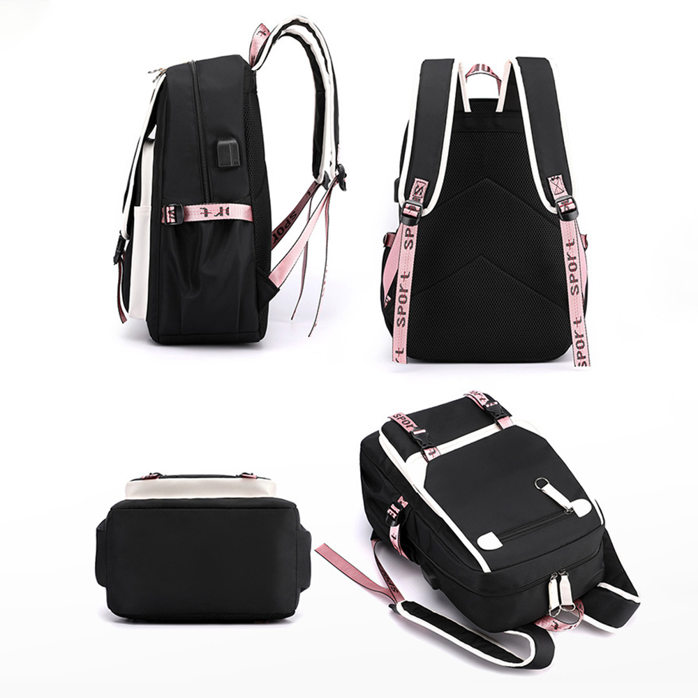 Schwarz-weißer Rucksack mit rosa Trägern, aus verschiedenen Winkeln gezeigt. Mit USB-Ladeanschluss.