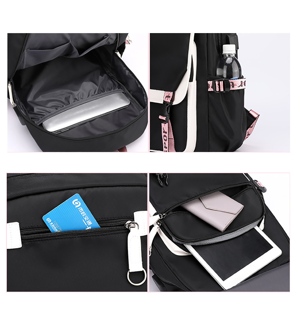 Collage eines schwarzen Rucksacks mit mehreren Taschen, einem Laptop, einer Wasserflasche und einem Tablet.