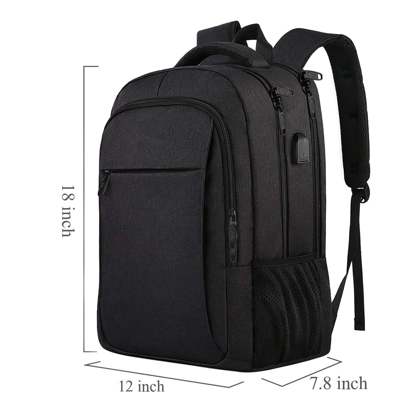 Schwarzer Rucksack mit Größenangaben: 18 Zoll hoch, 12 Zoll breit, 7,8 Zoll tief.