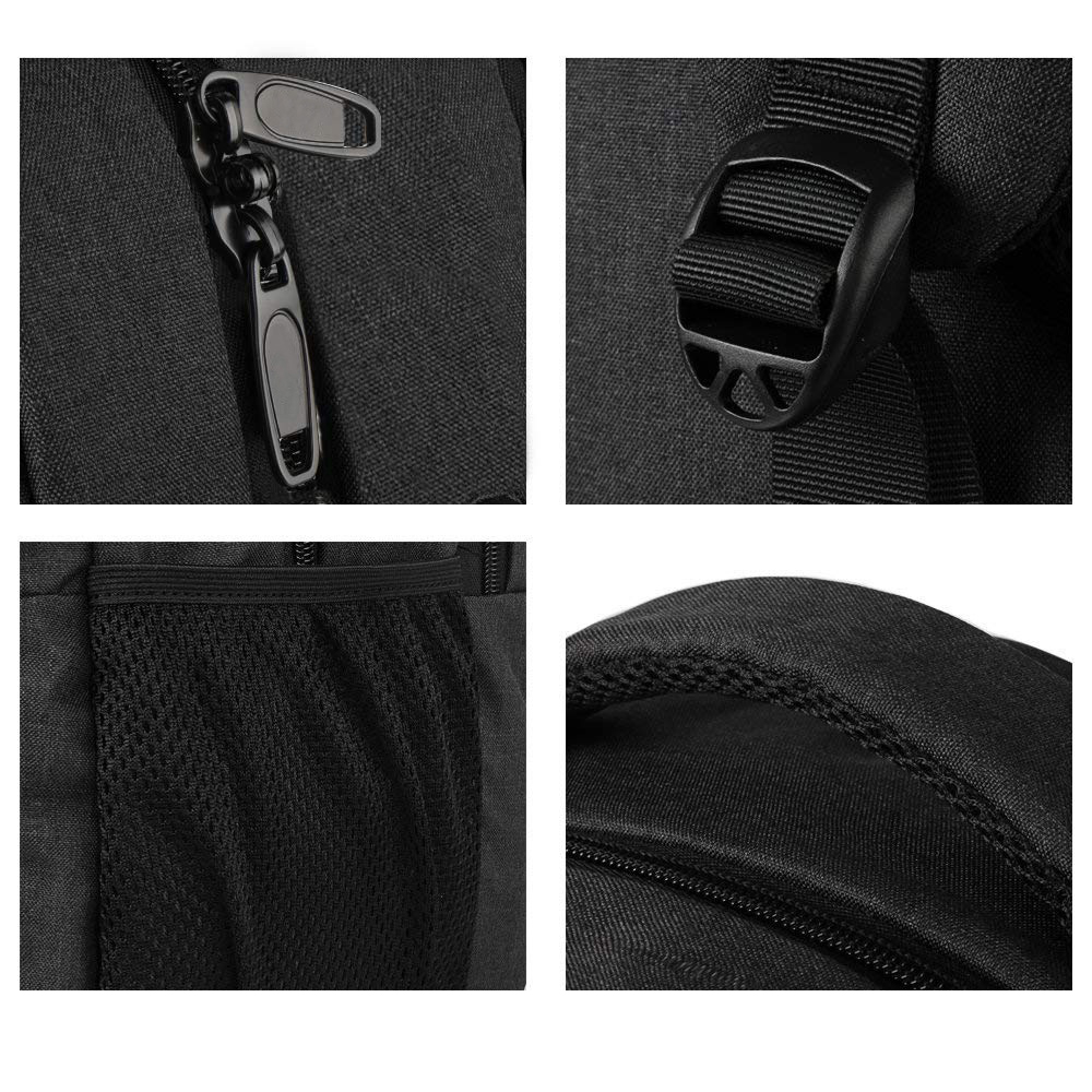 Nahaufnahmen von Rucksackdetails: Reißverschluss, Schnalle, Netztasche und Griff. Alles ist schwarz.