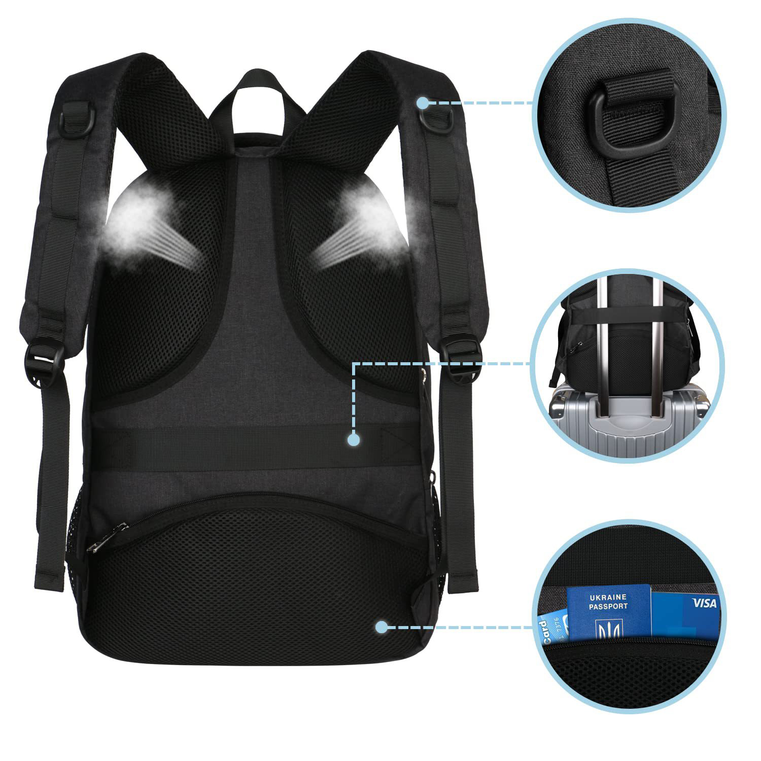 Rückseite eines schwarzen Rucksacks mit Mesh-Polsterung und Details der Gurte und Taschen.