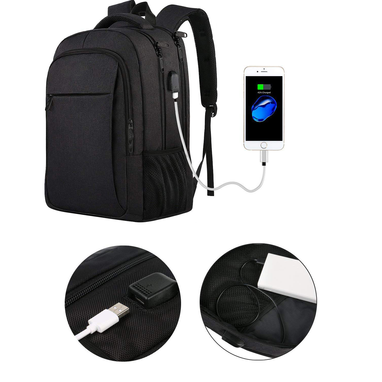Schwarzer Rucksack mit USB-Ladeanschluss und einem daran angeschlossenen Telefon.