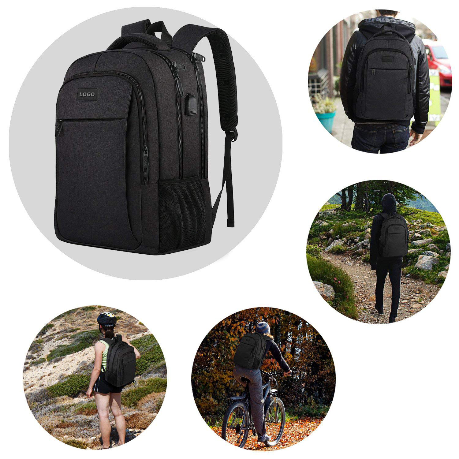 Schwarzer Rucksack mit mehreren Taschen und Logo. Szenen zeigen ihn in Gebrauch: Wandern, Radfahren und auf dem Rücken einer Person.