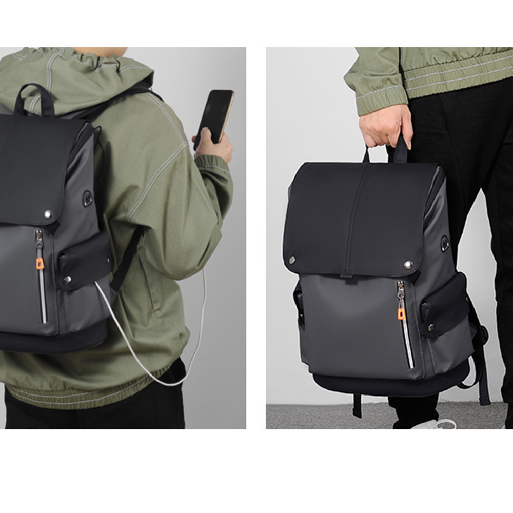 Zwei Bilder zeigen einen zweifarbigen Rucksack in Grau und Schwarz mit Taschen und Reißverschlüssen, geeignet für den täglichen Gebrauch.