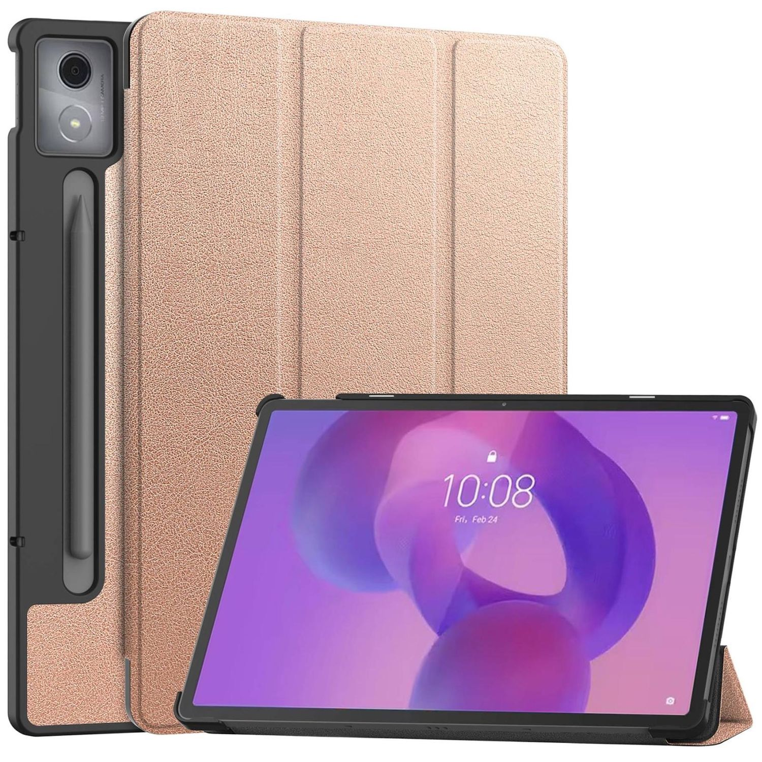 Tablet und Hülle, roségoldfarben, mit einem Stift. Die Hülle ist geschlossen und zeigt die Kamera und Details des Tablets.
