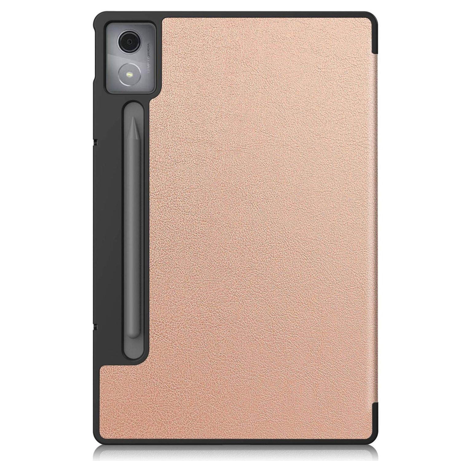 Eine Tablet-Hülle mit einer hellbraunen, strukturierten Abdeckung, einem schwarzen Rahmen und einem Stifthalter an der Seite.