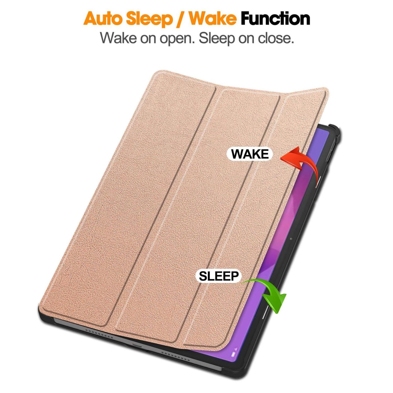 Eine Tablet-Hülle in Hellbraun mit einer Auto-Sleep/Wake-Funktion, dargestellt mit Pfeilen, die 'Wake' und 'Sleep' anzeigen.