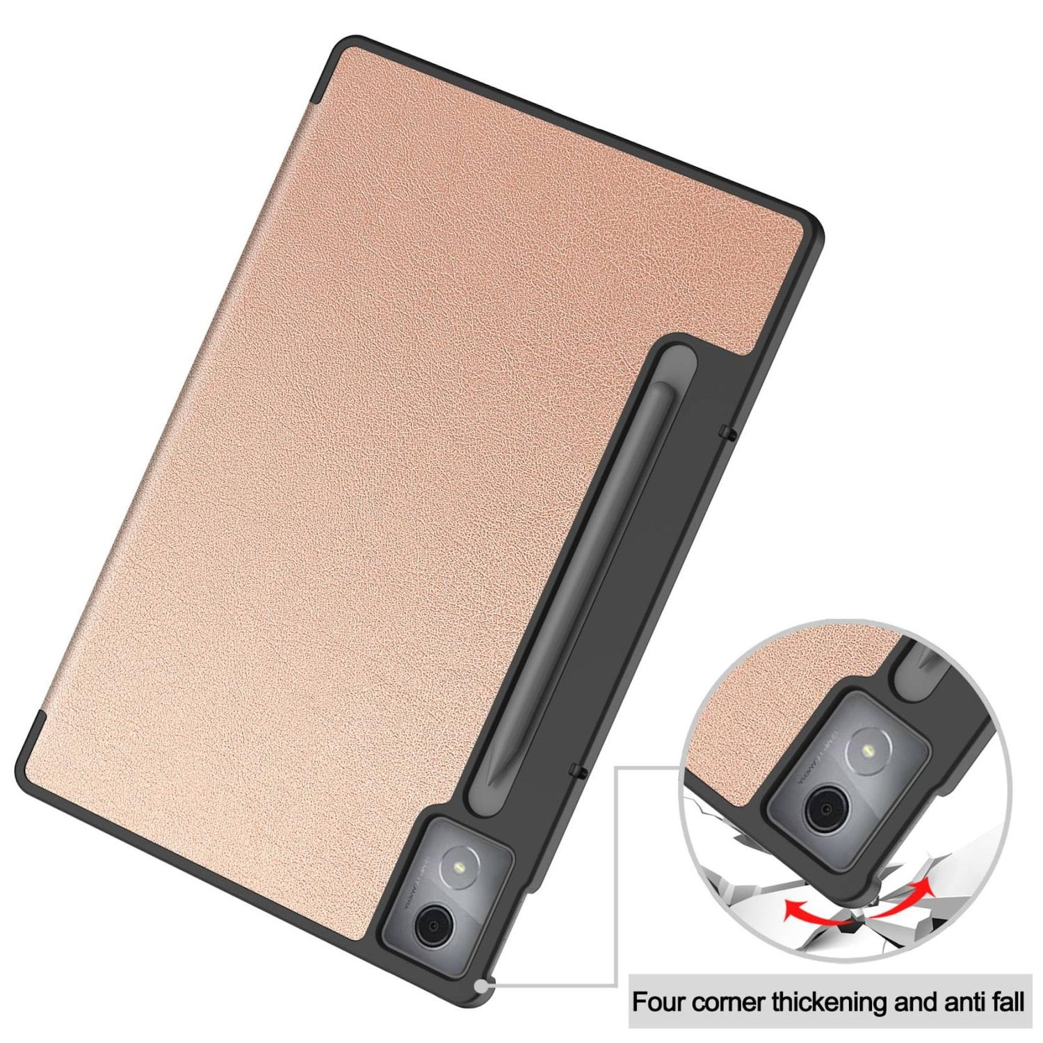 Roségoldenes Tablet mit Stift und Hülle. Die Hülle hat ein Schutzdesign für die Ecken. Zeigt die Kamera.