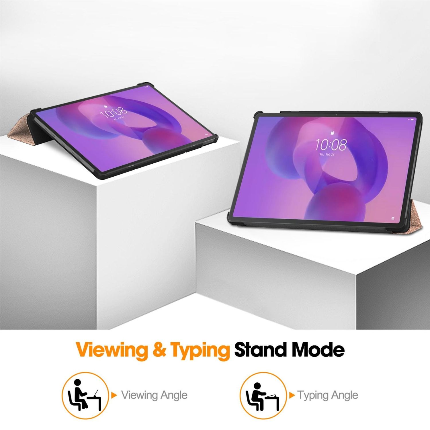 Zwei Tablets auf Ständern. Sie zeigen eine Digitaluhr. Der Text lautet 'Viewing & Typing Stand Mode'.