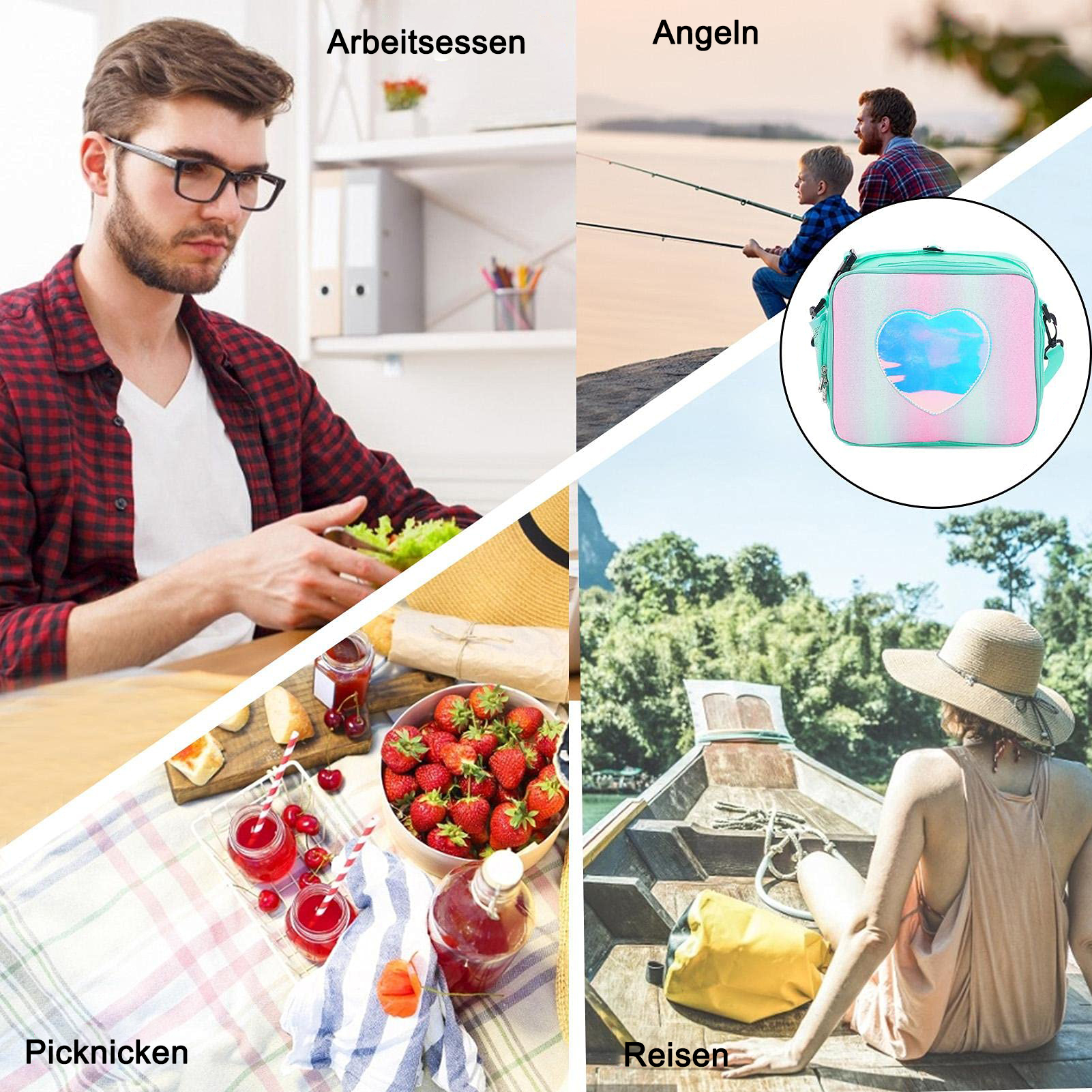 Collage, das verschiedene Verwendungszwecke einer Lunchtasche zeigt: Arbeitsessen, Angeln, Picknick und Reisen.