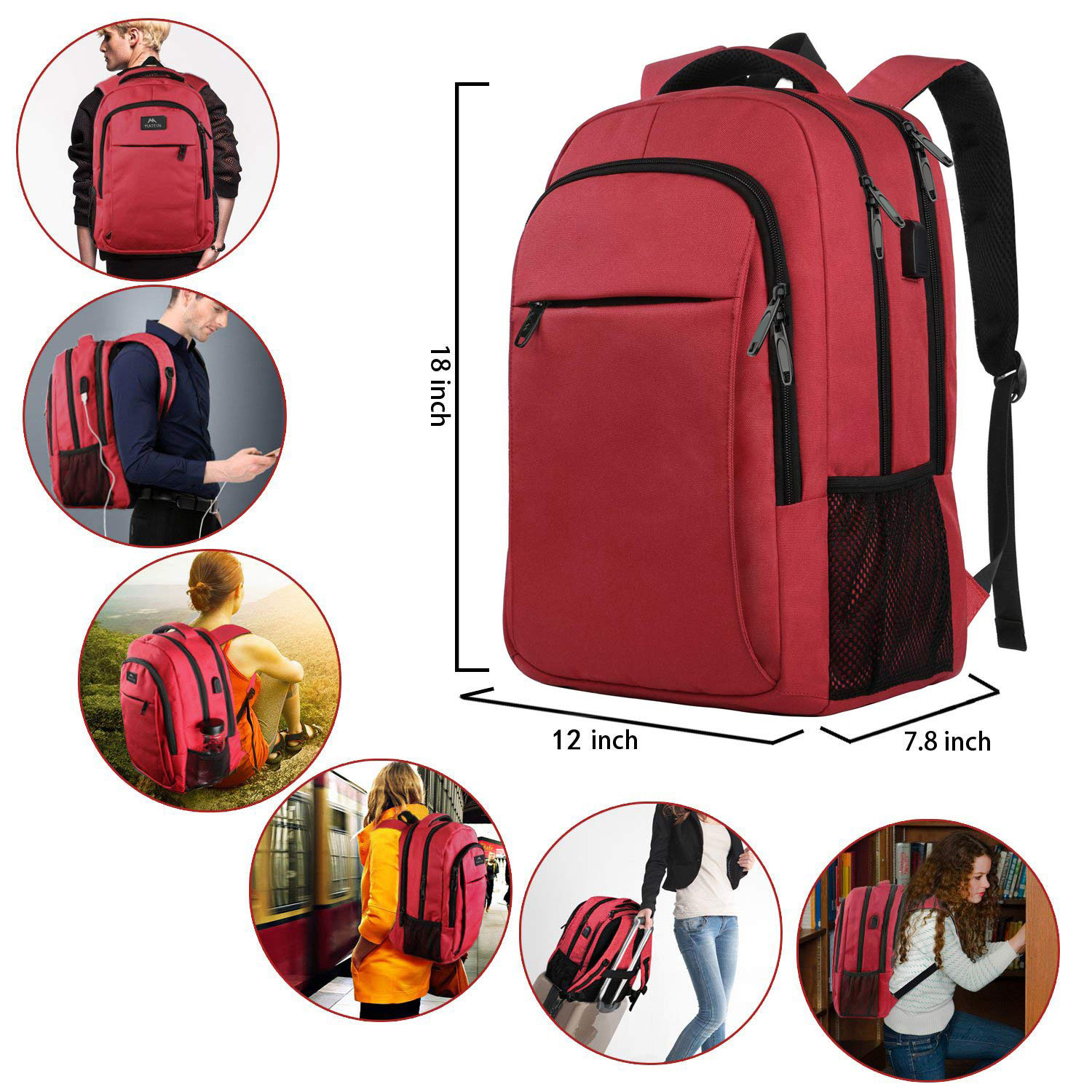 Ein roter Rucksack, der in verschiedenen Lifestyle-Kontexten gezeigt wird, darunter Reisen, Studium und Freizeitnutzung mit Maßangaben.