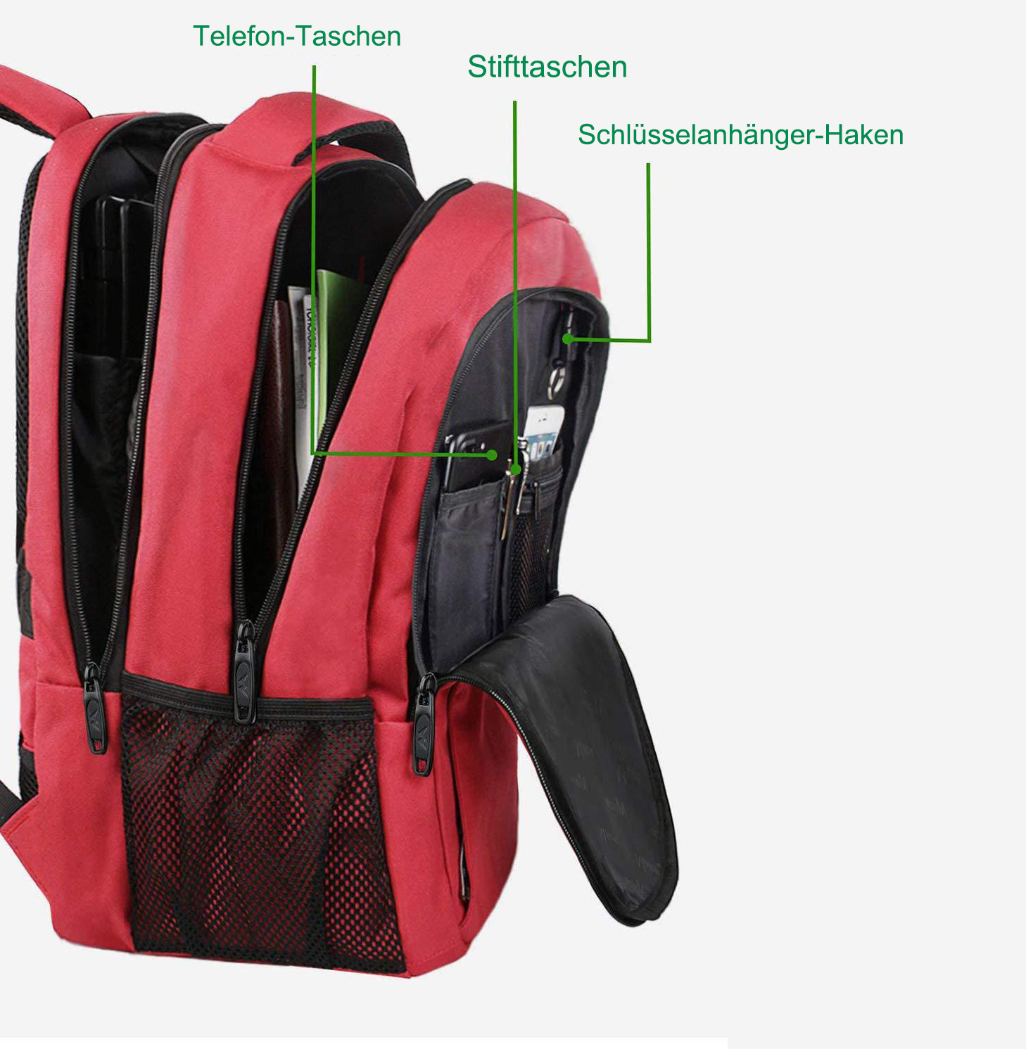 Roter Rucksack mit offenen Fächern. Etiketten weisen auf Telefon-, Stift- und Schlüsselhalterbereiche hin.