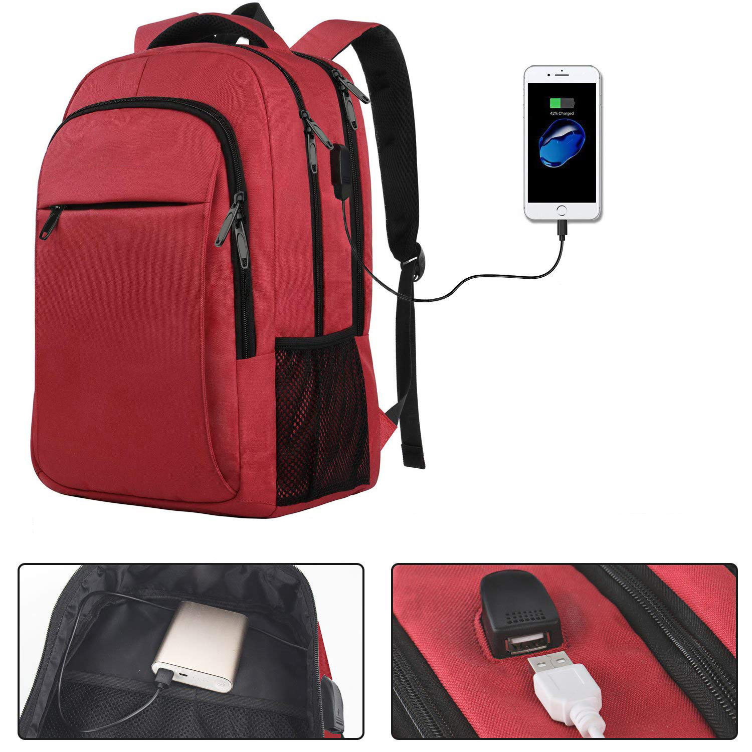 Ein roter Rucksack mit schwarzen Akzenten und einem Ladekabel für das Handy, der auf die Verwendung für Technik und Reisen hinweist.