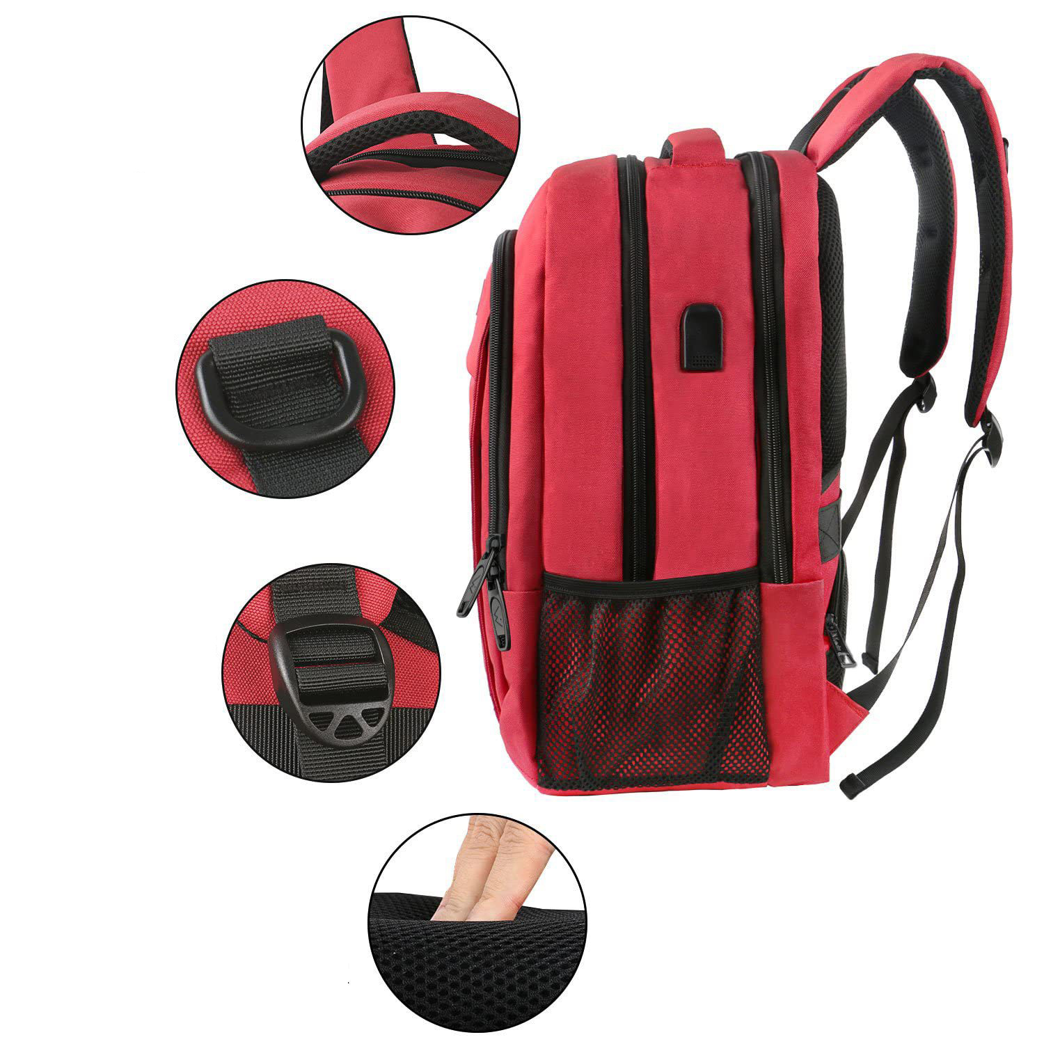 Roter Rucksack mit Nahaufnahme, die Details wie Träger, Netztasche und schwarzen Griff zeigt.