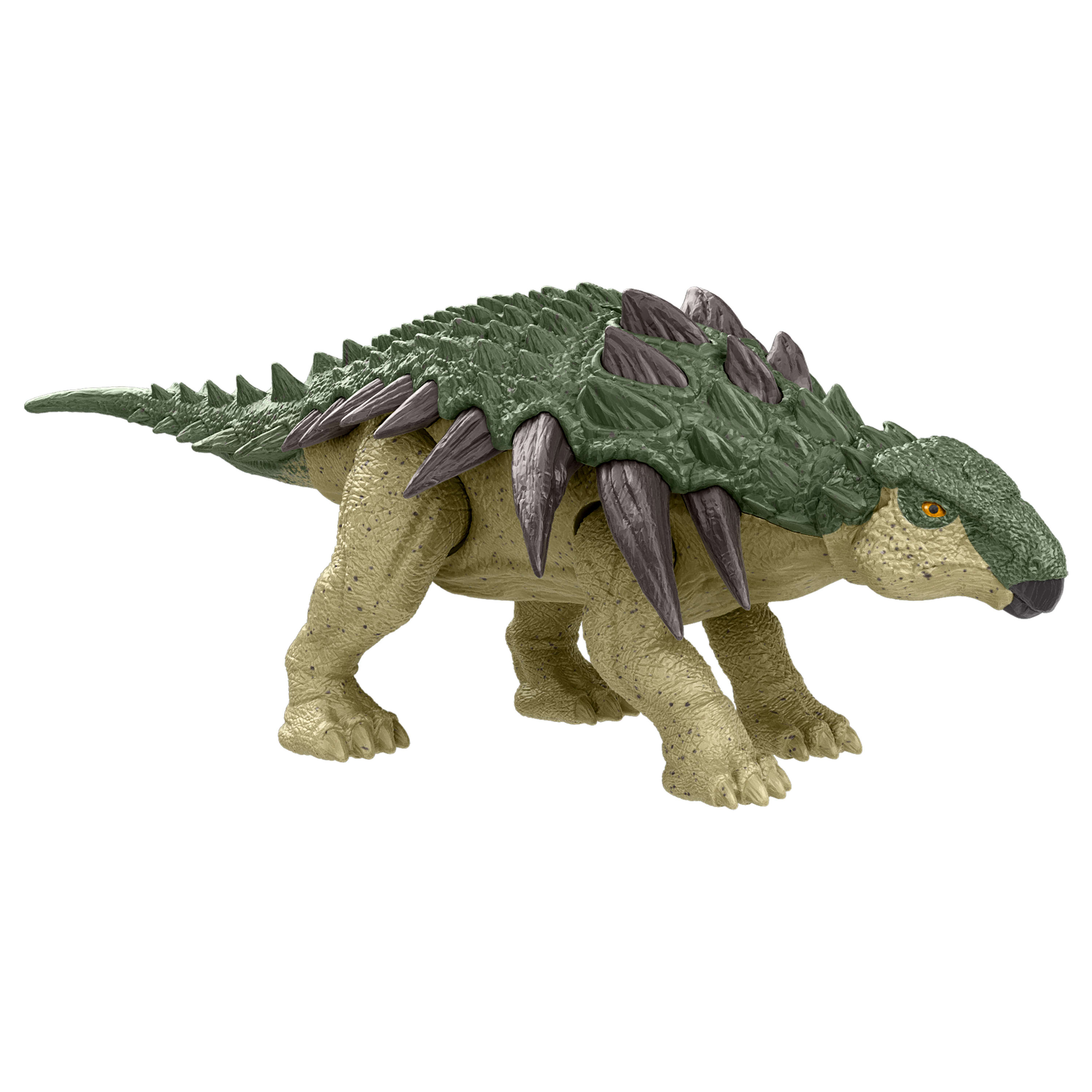 Juguete de dinosaurio Ankylosaurus. Cuerpo blindado verde y marrón, con púas y cola en forma de maza.