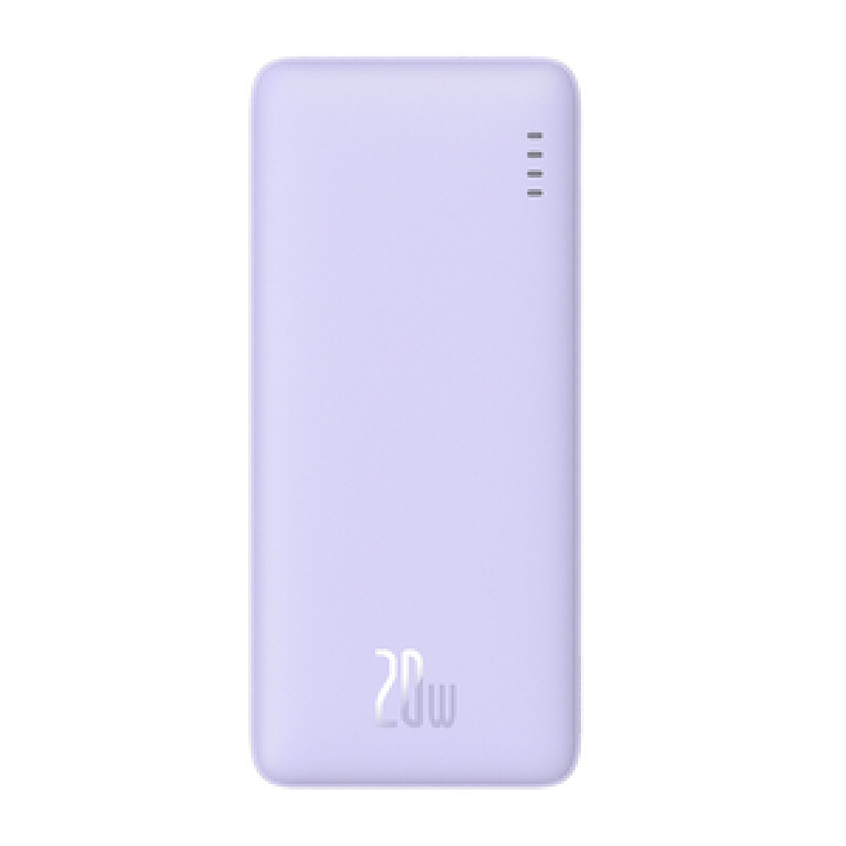 Mały, jasno fioletowy power bank z etykietą 20W i czterema małymi lampkami kontrolnymi.