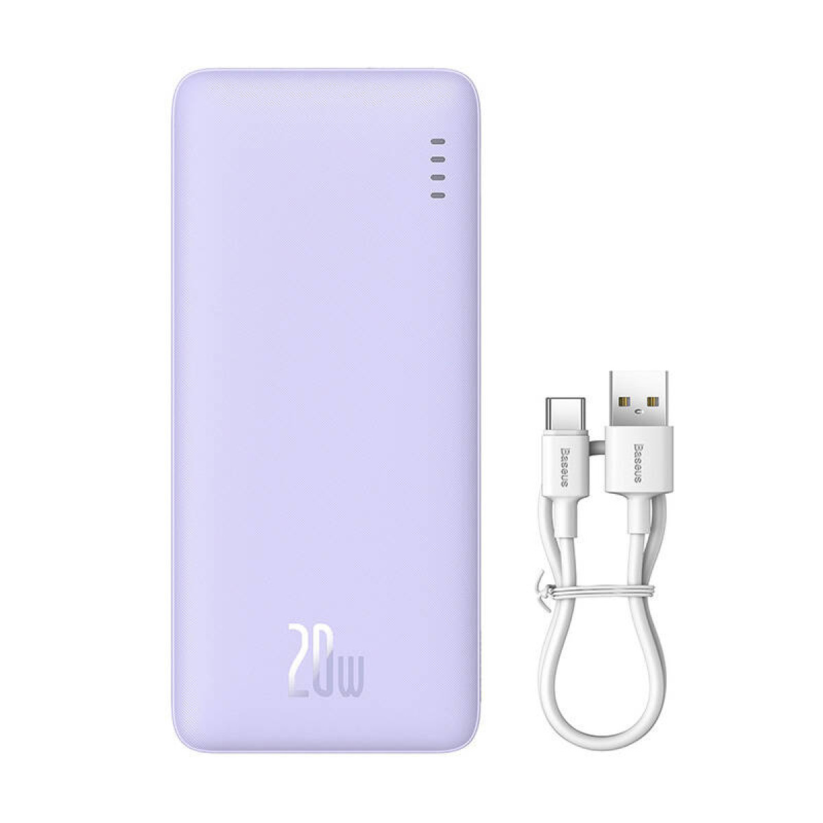 Fioletowy power bank z kablem do ładowania. Bank ma etykietę 20W i cztery lampki kontrolne.