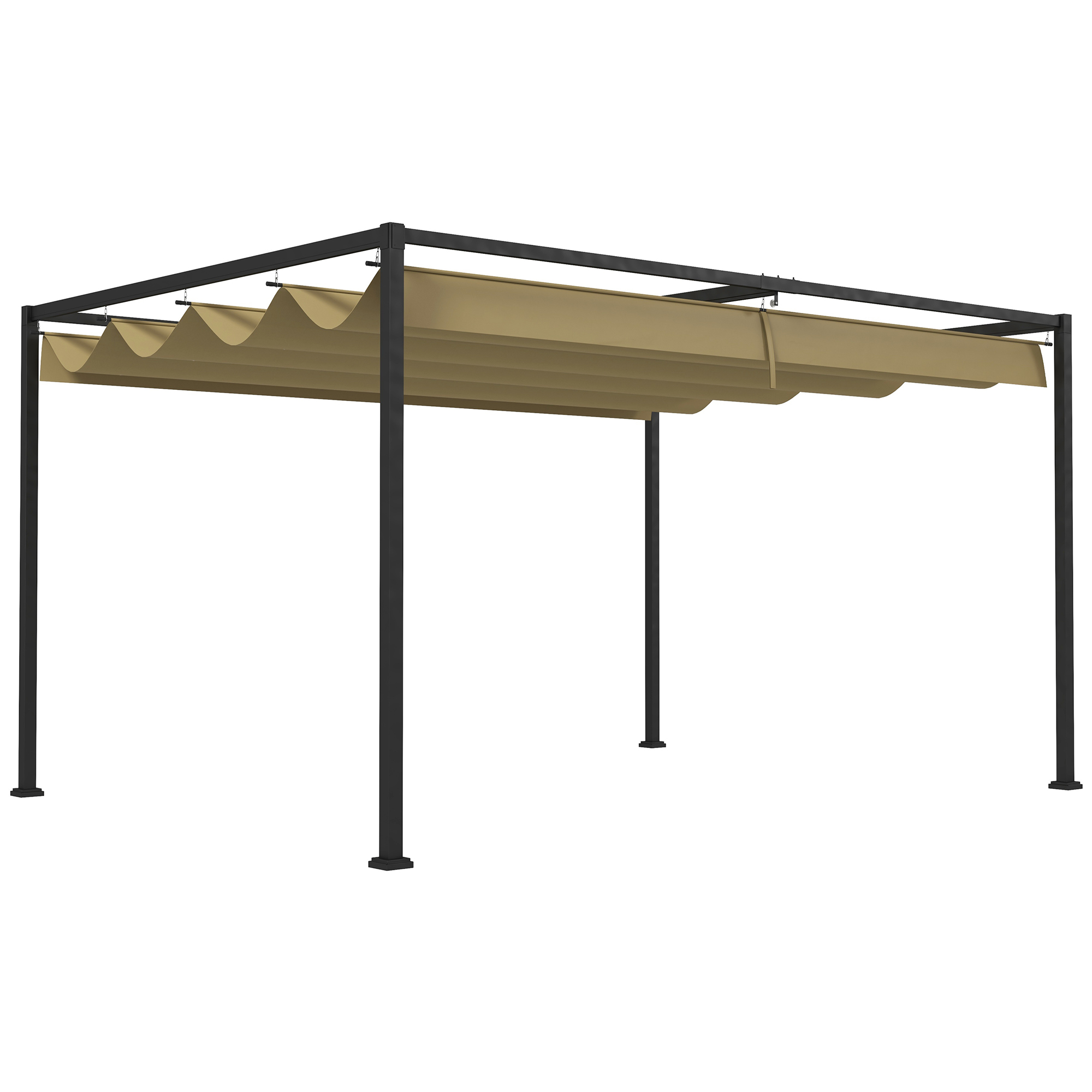 Eine schwarze Pergola mit beigem Stoffdach. Die Szene umfasst eine Terrasse mit Stühlen und einem Tisch.
