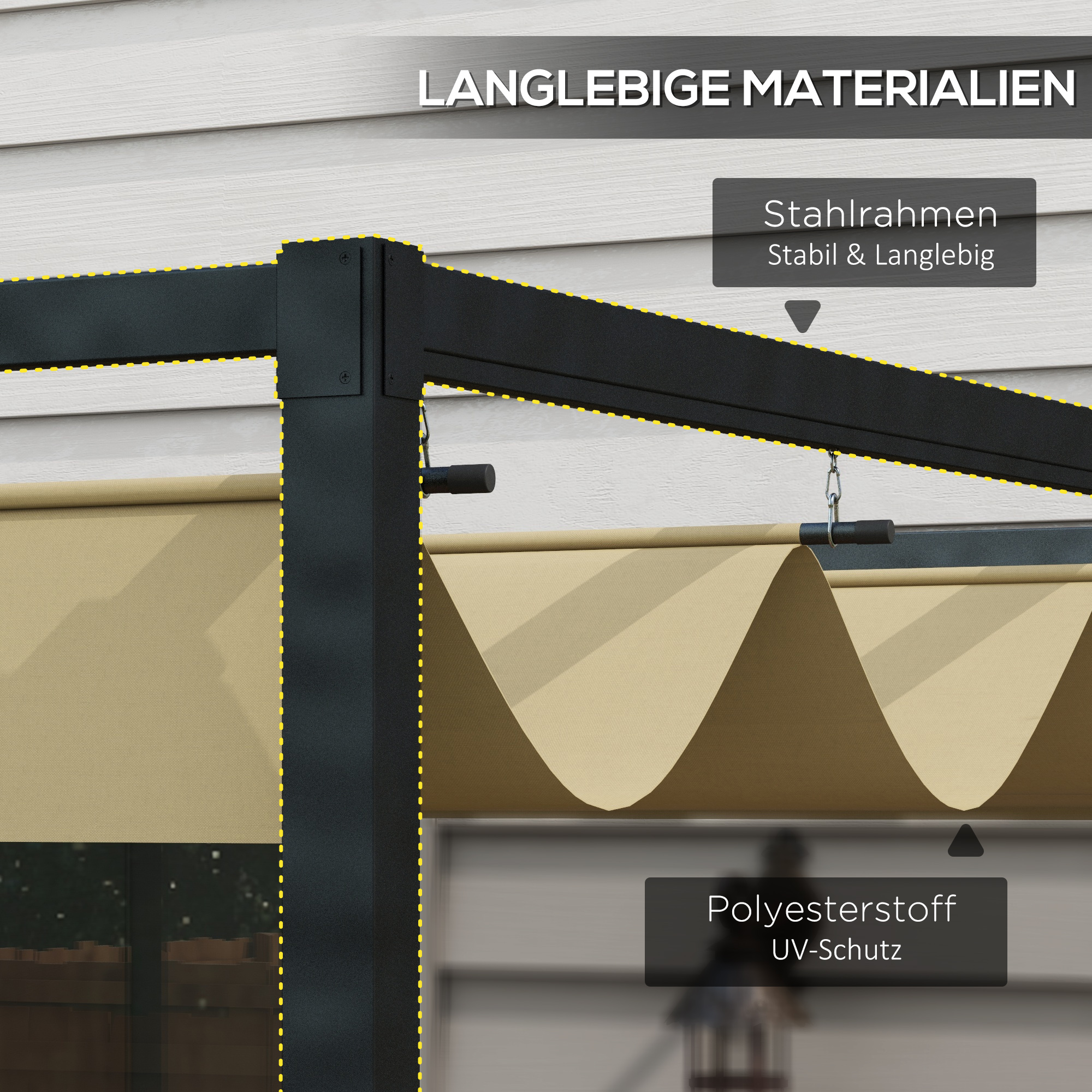 Eine schwarze und beige Pergola. Text kennzeichnet den Rahmen als Stahl und den Stoff als UV-Schutz-Polyester.