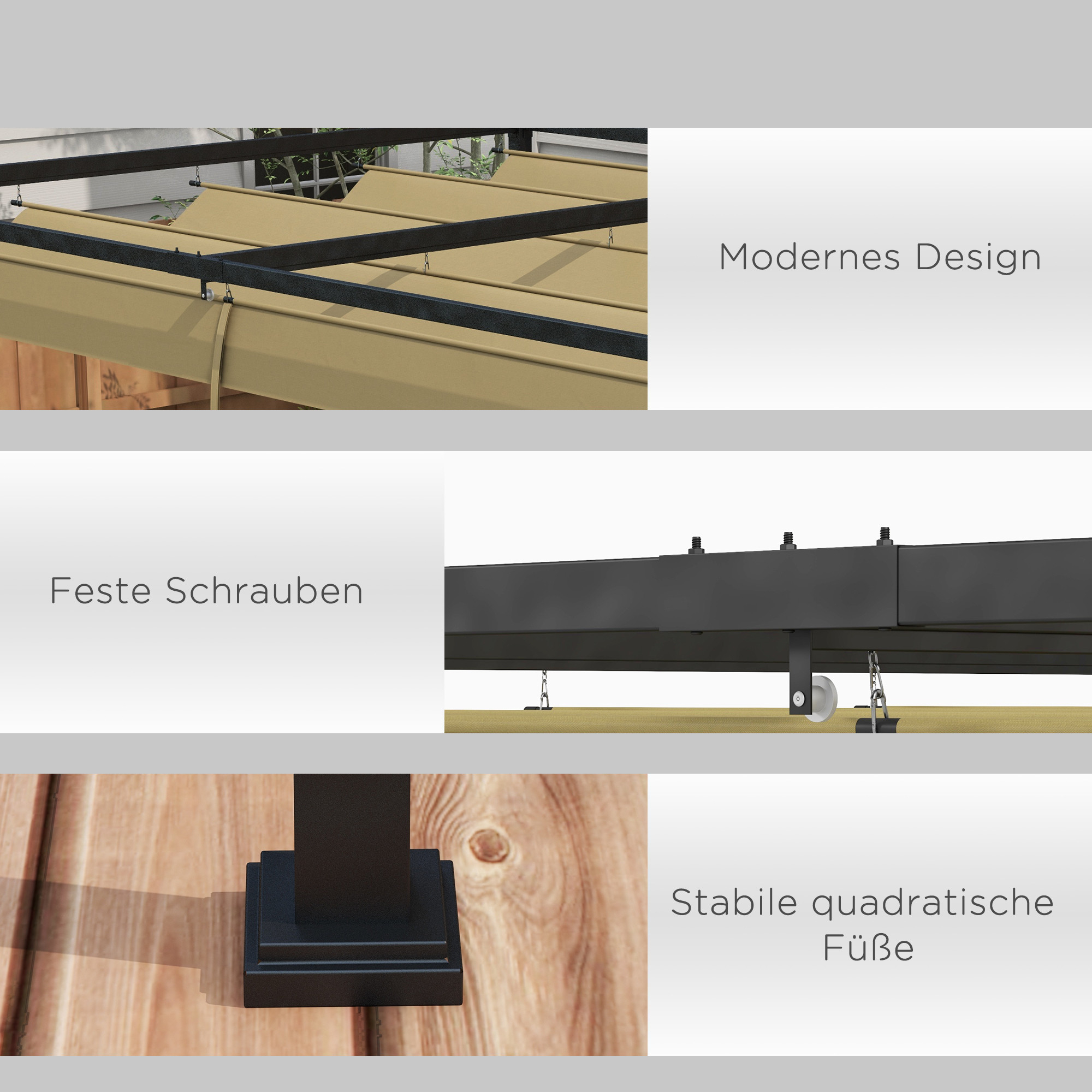 Nahaufnahme von Pergola-Details: Stoff, schwarzer Metallrahmen und Schrauben. Beiger Stoff und modernes Design.
