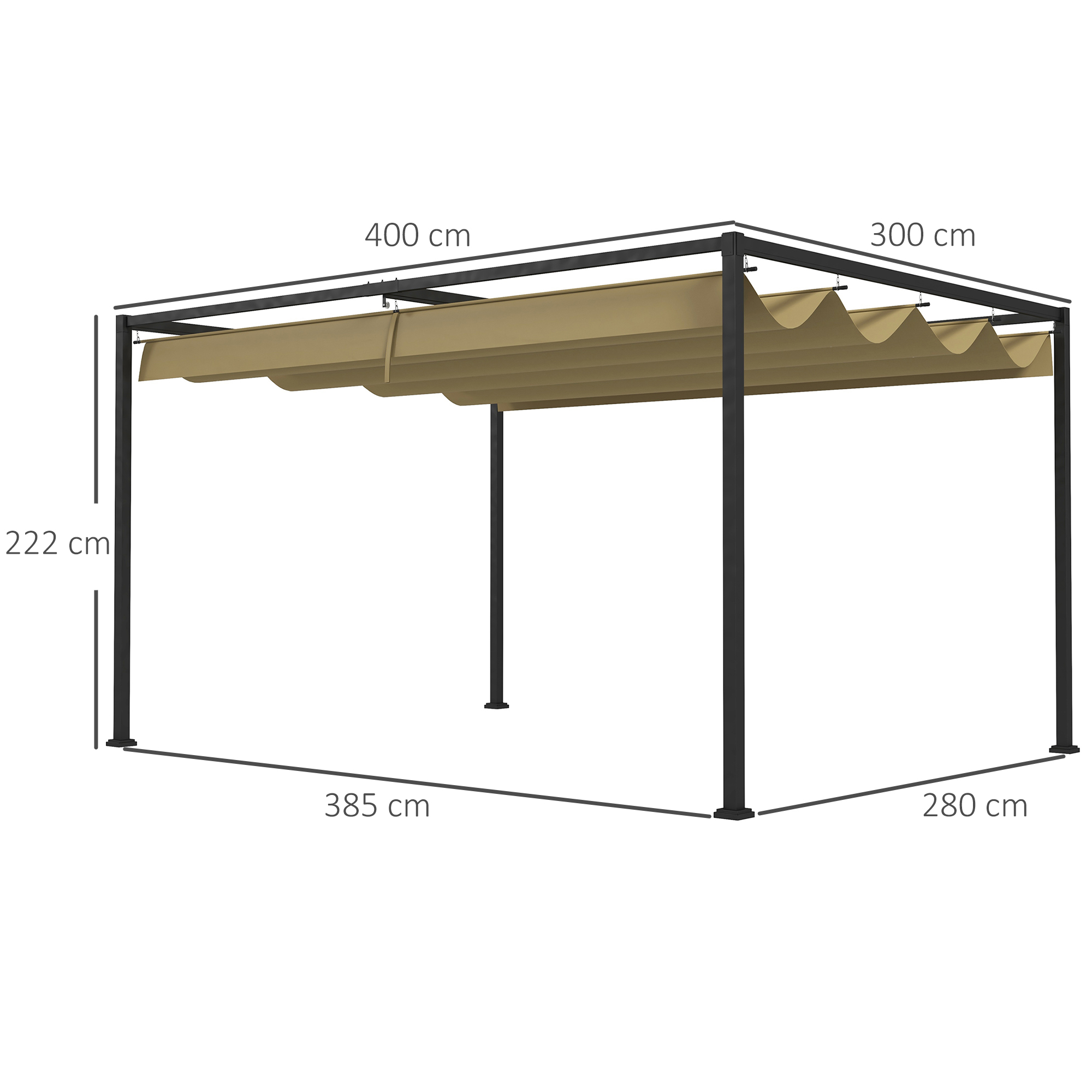 Rechteckige Pergola mit beschrifteten Abmessungen. Beiges Stoffdach, schwarzer Rahmen. Abmessungen: 400cm x 300cm x 222cm x 385cm x 280cm.