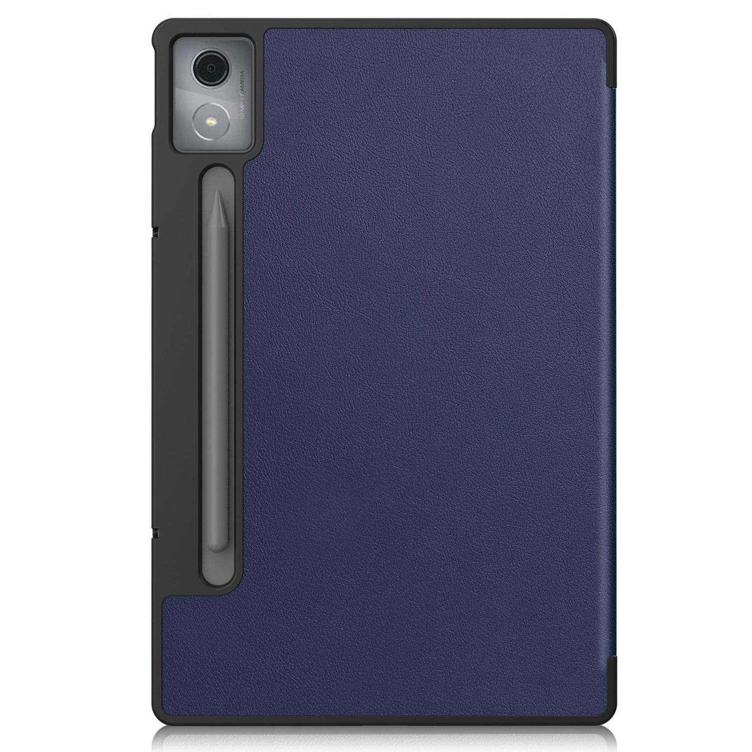 Eine blaue Tablet-Hülle mit schwarzem Rahmen. Sie hat einen Halter für einen Stift.