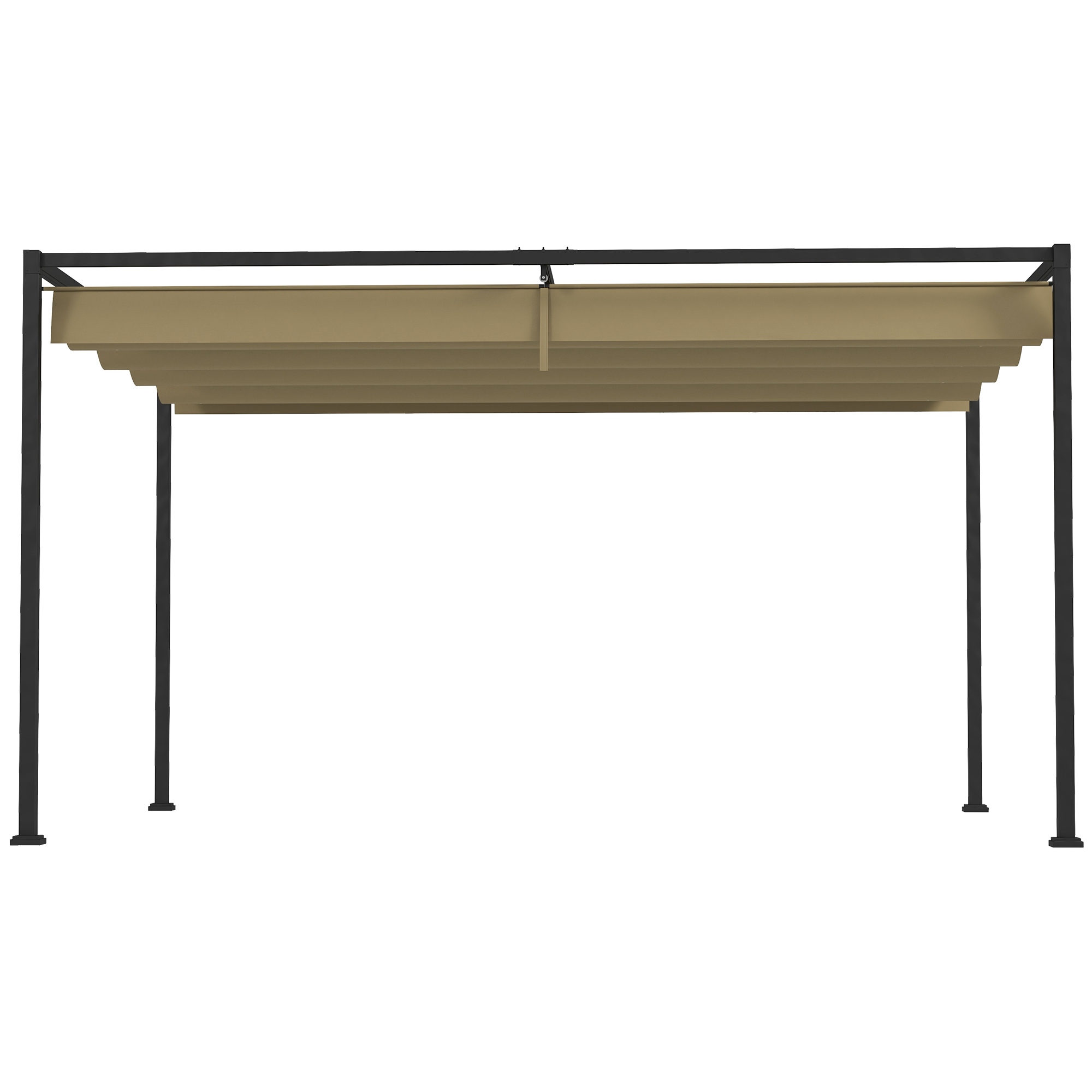 Eine beige Pergola mit schwarzem Rahmen. Das Dach besteht aus beigem Stoff. Die Struktur hat sechs schwarze Stützsäulen.