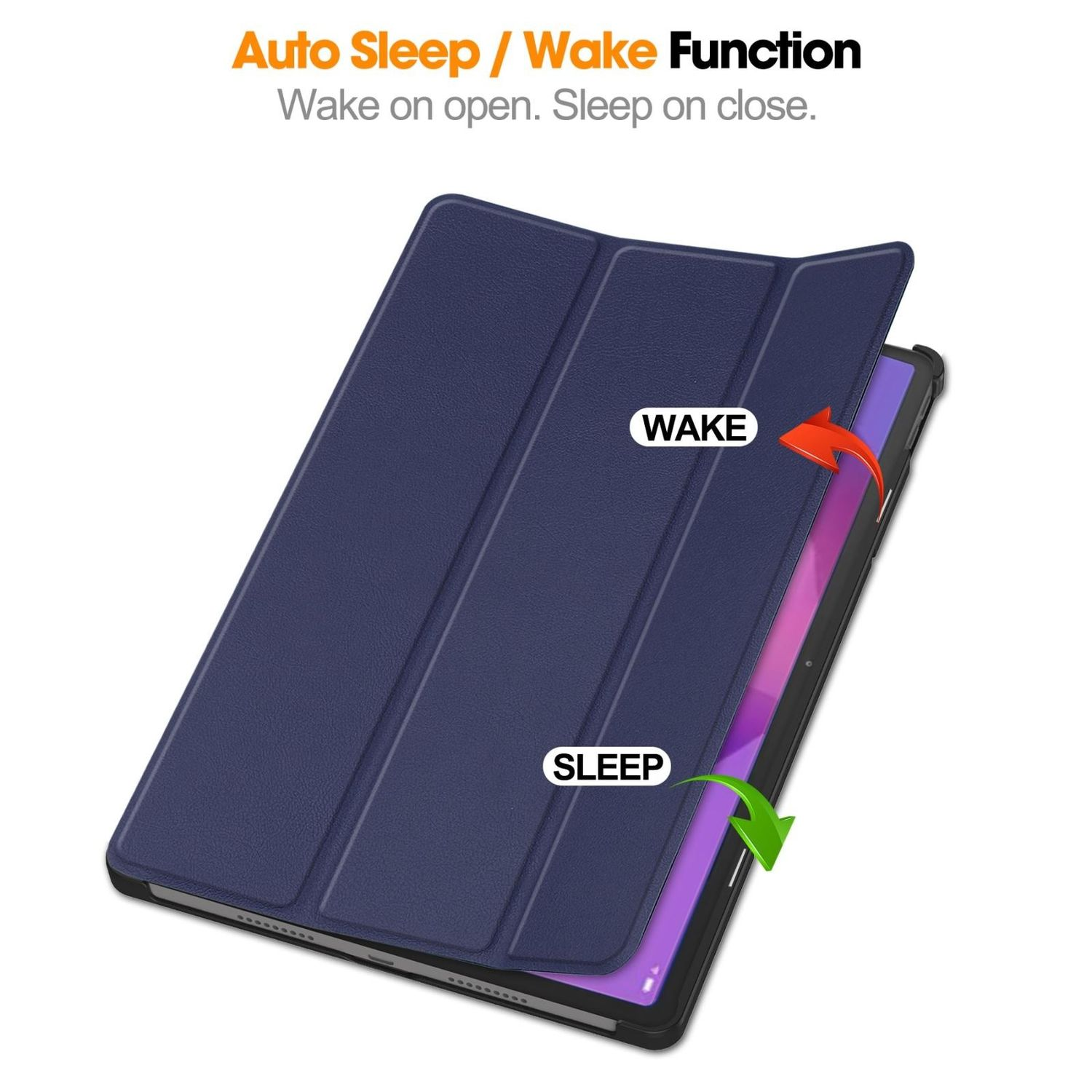 Eine dunkelblaue Tablet-Hülle, geöffnet, mit Tablet-Bildschirm. Text: 'Wake on open. Sleep on close'.