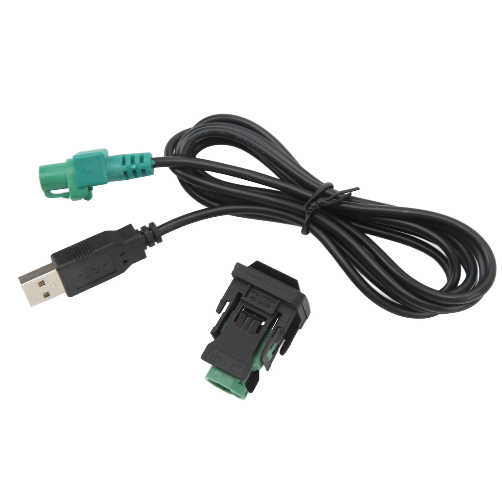 Schwarzes Kabel mit USB- und grünen Steckern, abgewinkelt. Das Kabel ist in der Mitte aufgerollt.
