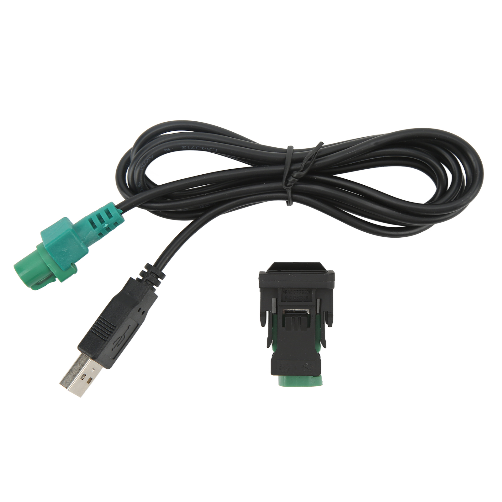 Ein schwarzes USB-Kabel und ein grüner Stecker mit einem schwarzen Adapter vor weißem Hintergrund.