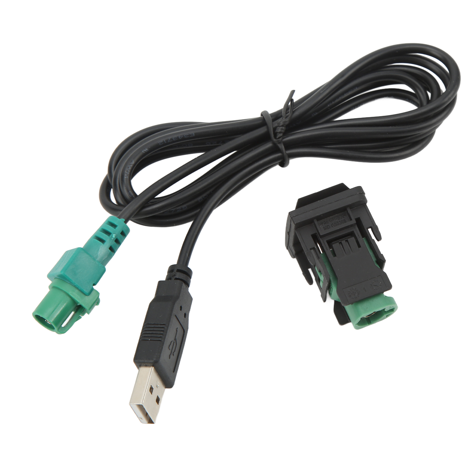 Schwarzes Kabel mit USB- und grünen Steckern. Das Kabel ist aufgerollt und auf einer weißen Oberfläche platziert.