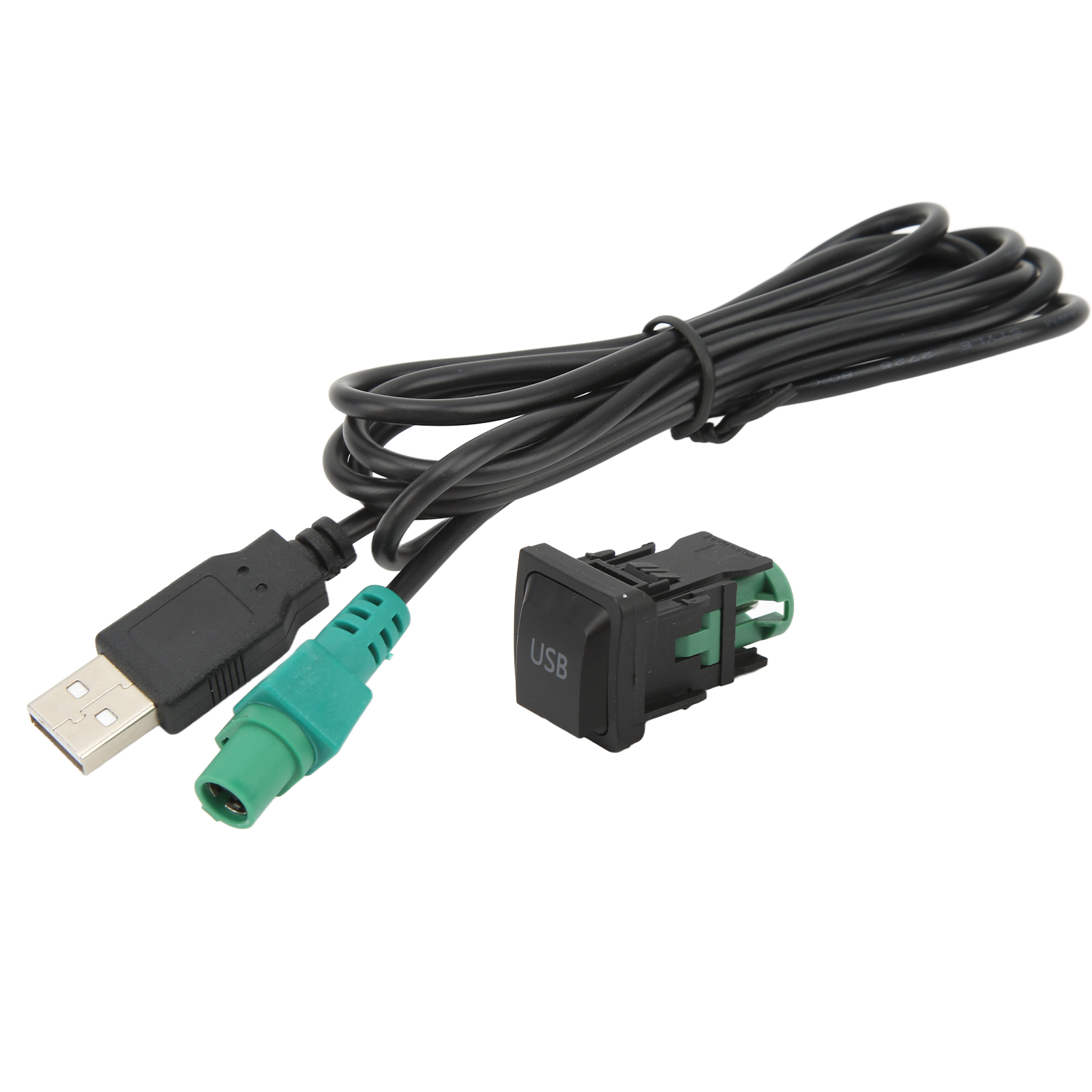 Ein schwarzes USB-Kabel mit grünem Stecker und schwarzem USB-Anschluss vor weißem Hintergrund.