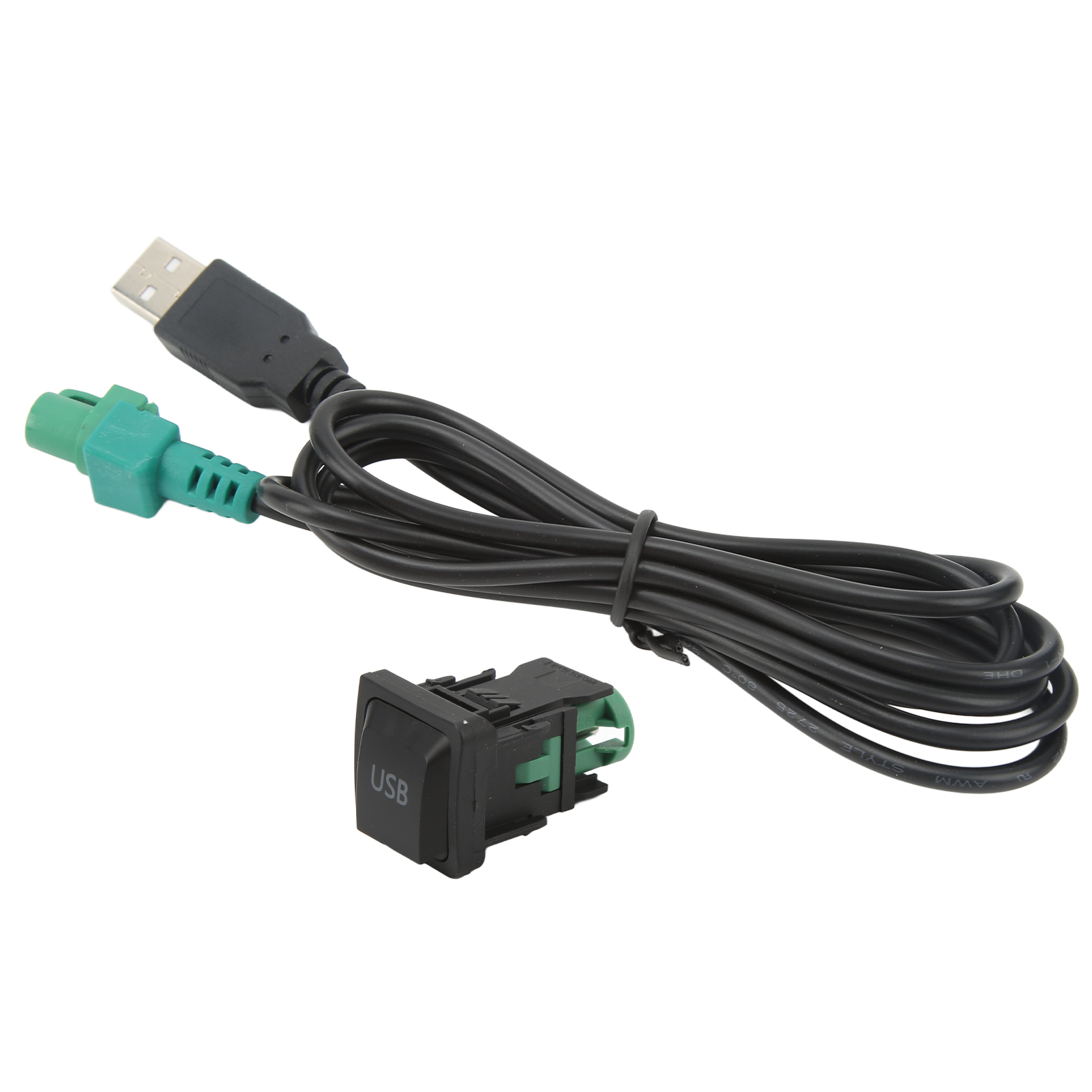 USB-Kabel mit USB-Anschluss und grünem Stecker. Es liegt auf einer weißen Oberfläche.