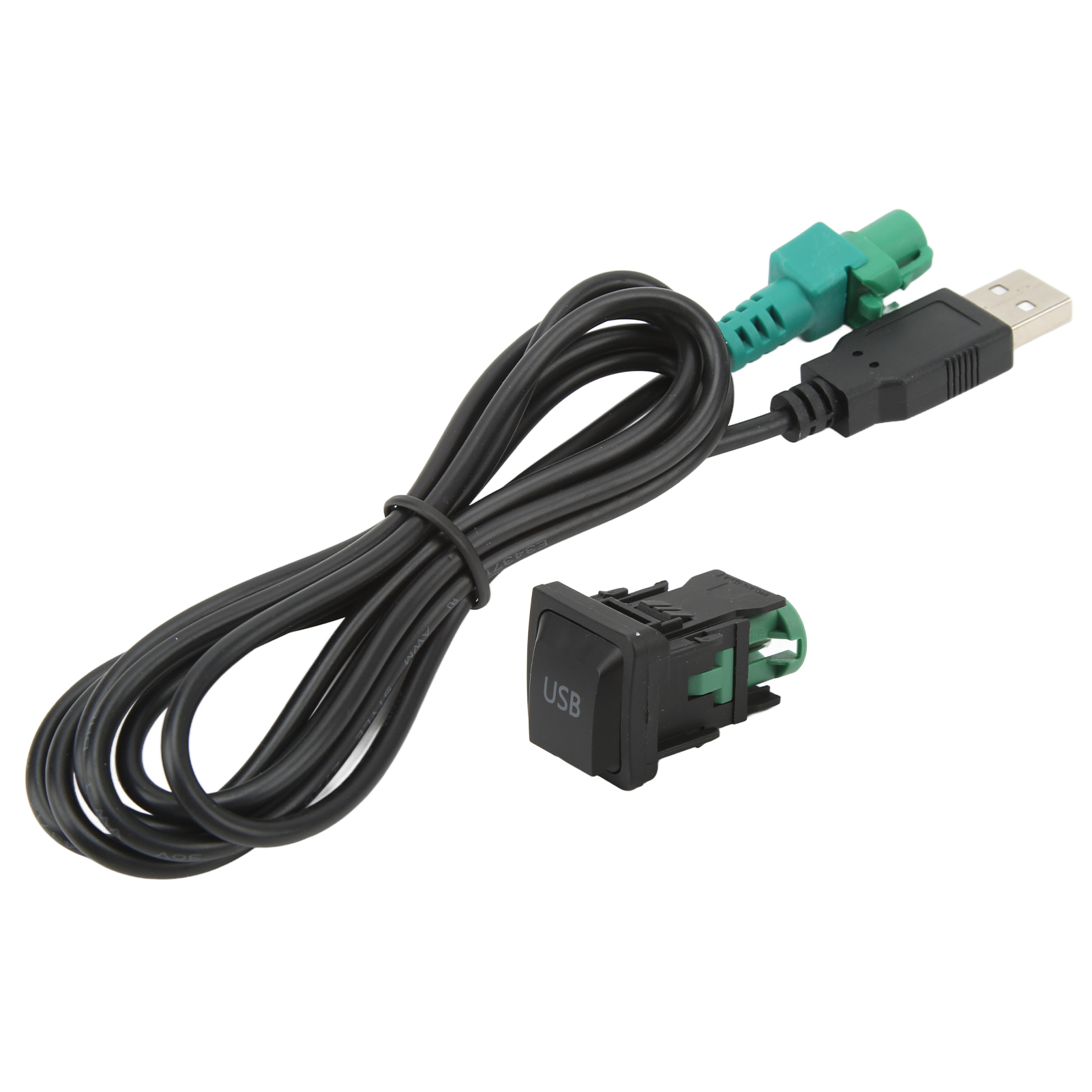 Ein schwarzes USB-Kabel mit grünem Stecker und schwarzem USB-Anschluss vor weißem Hintergrund.