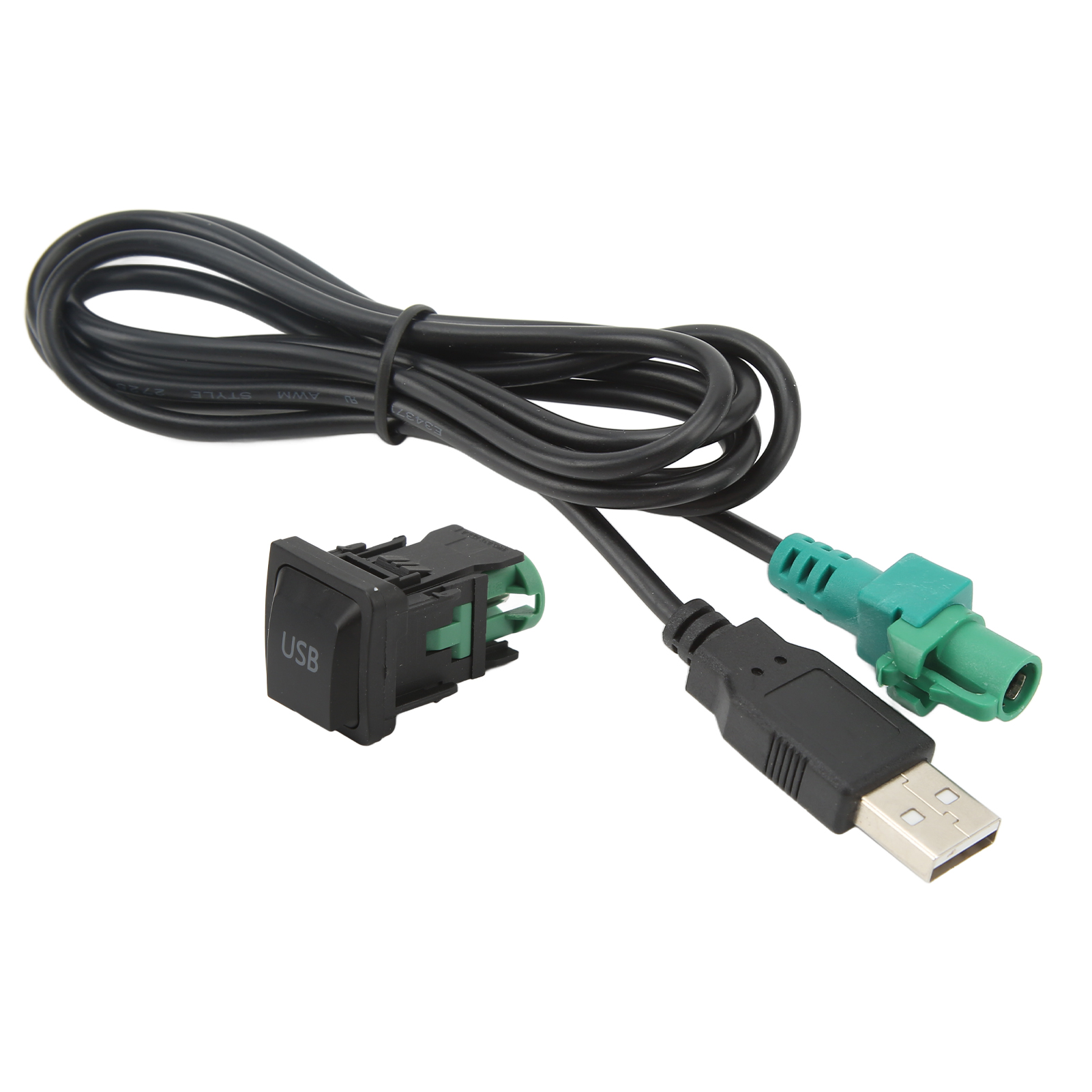 Schwarzer USB-Anschluss mit grünem Stecker und Kabel. Das Kabel ist aufgerollt und abgewinkelt.