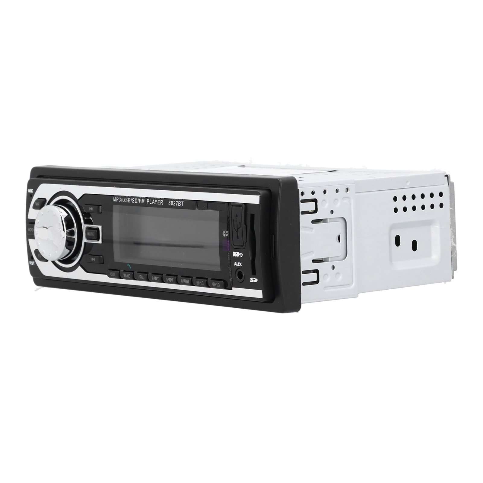 Ein Autoradio mit Bildschirm, Knöpfen und USB-Anschluss vor weißem Hintergrund.