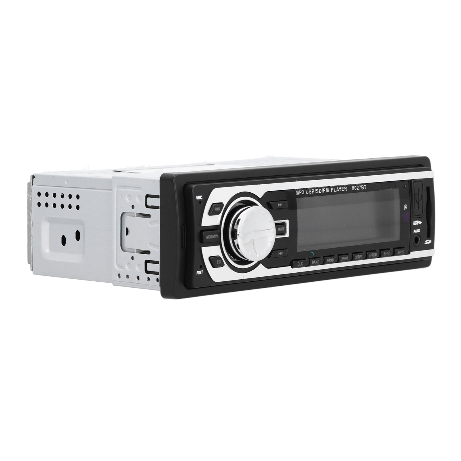 Autoradio mit Display. Es hat Knöpfe, einen Knopf und einen Steckplatz für eine SD-Karte.