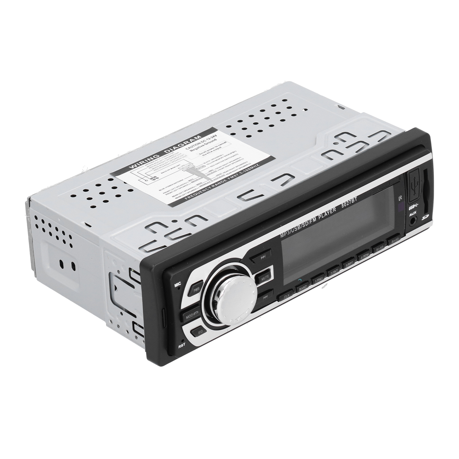 Autoradio mit Display, Knöpfen und Schaltplan oben.