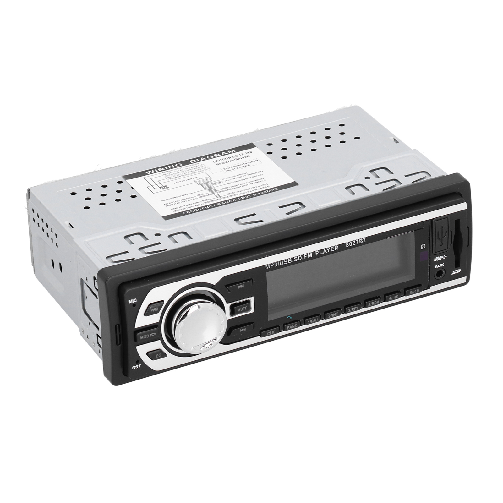 Ein Autoradio mit Bildschirm, Knöpfen und USB-Anschluss vor weißem Hintergrund.