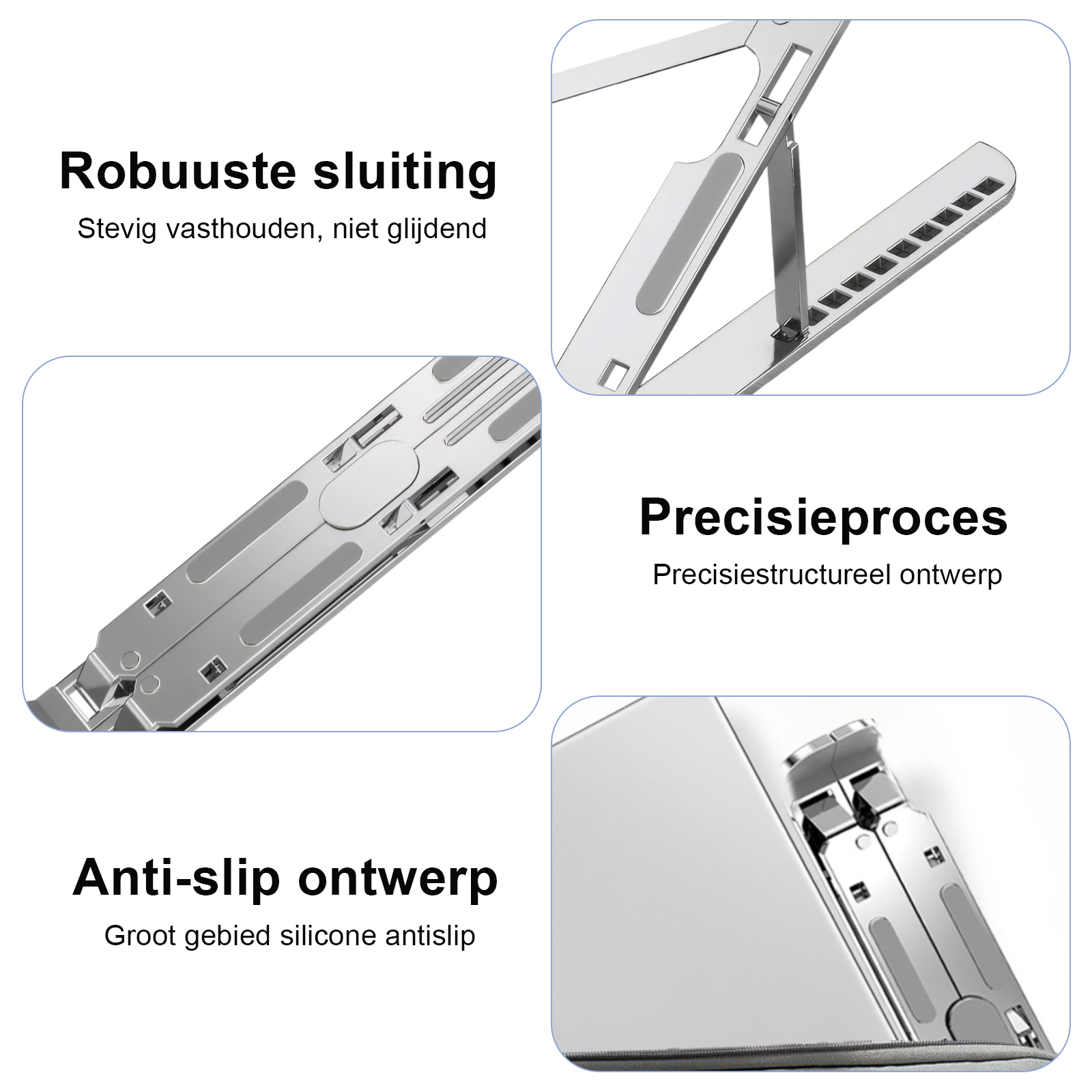 Laptopständer mit mehreren Bildern, die Funktionen und Designdetails zeigen.