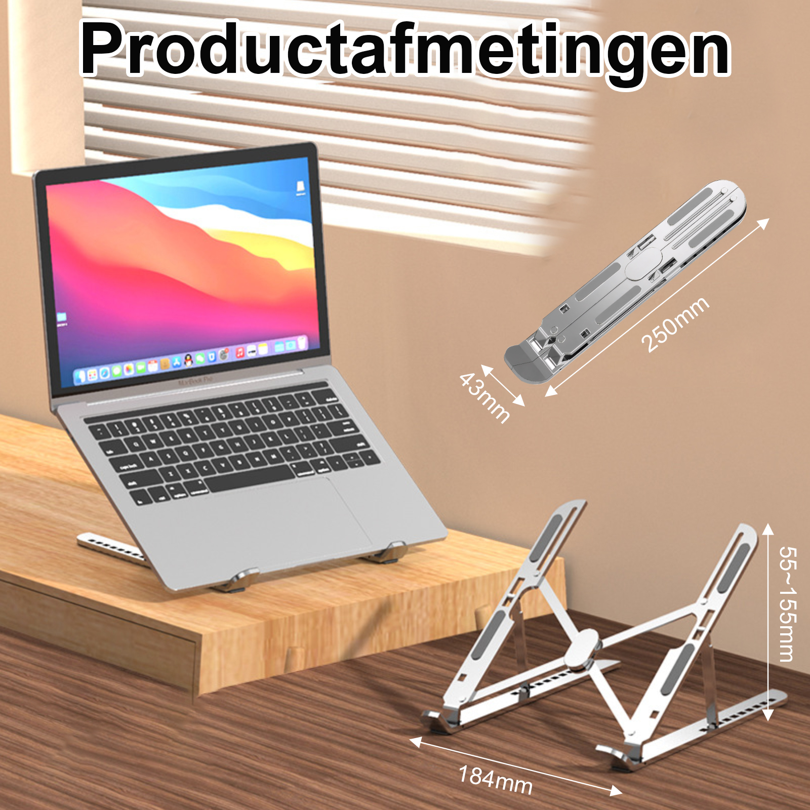 Laptop auf einem Ständer. Produktabmessungen werden angezeigt, mit Messungen von 250 mm, 43 mm, 184 mm und 55-155 mm.