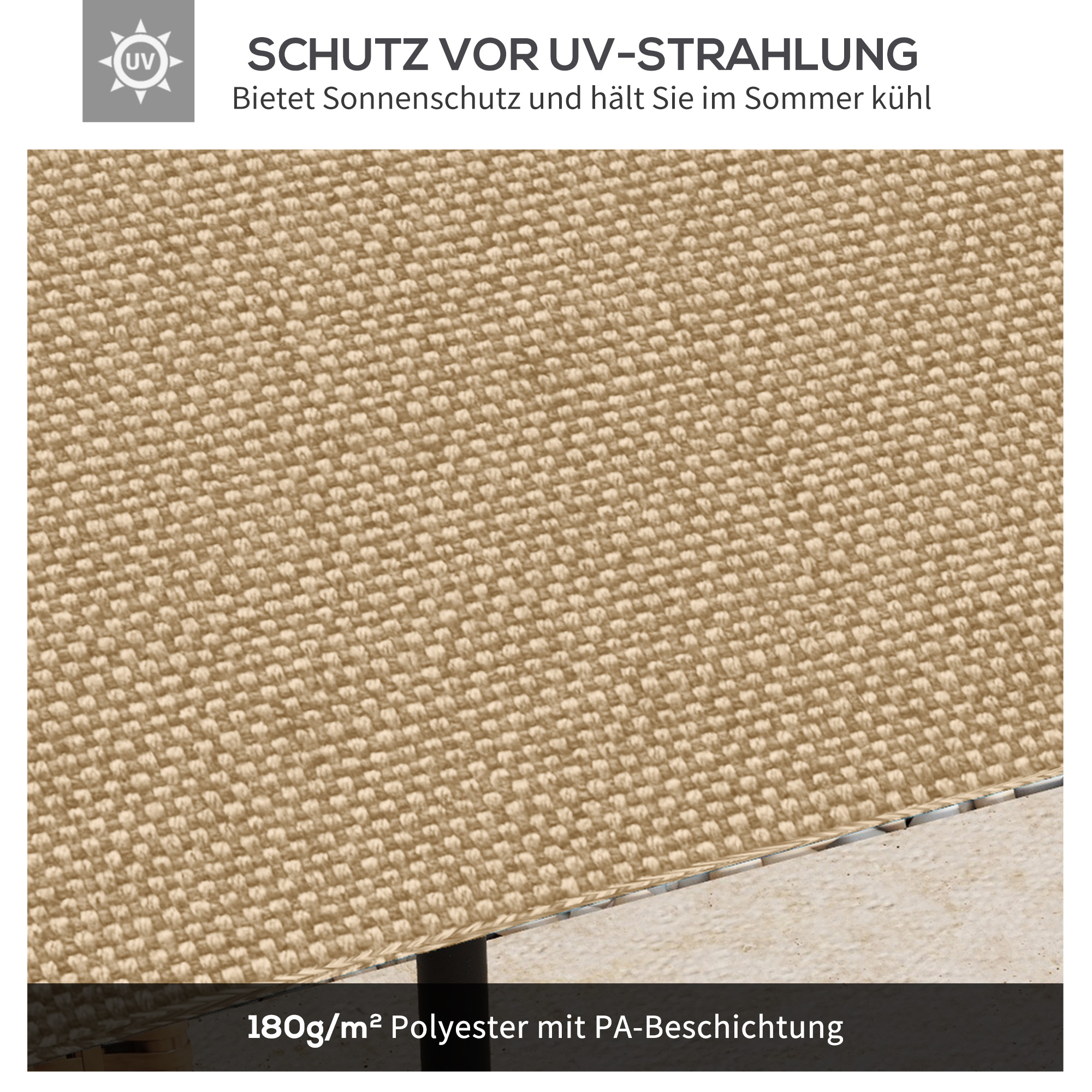 Nahaufnahme des beigen Stoffes, Text lautet: Schutz vor UV-Strahlung. Polyester mit PA-Beschichtung.
