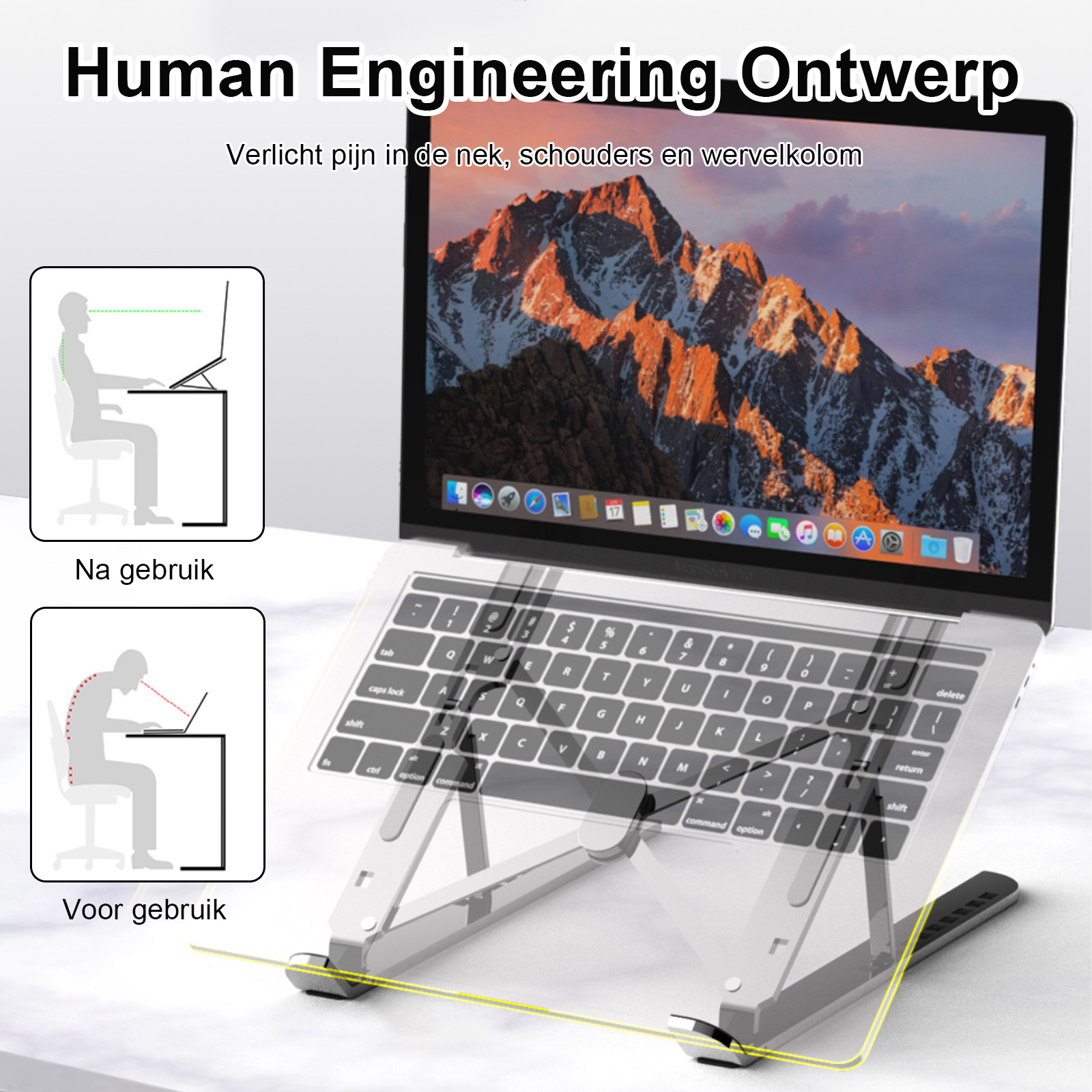 Laptop auf einem Ständer mit einer Illustration, die die Körperhaltung vor und nach der Benutzung zeigt.