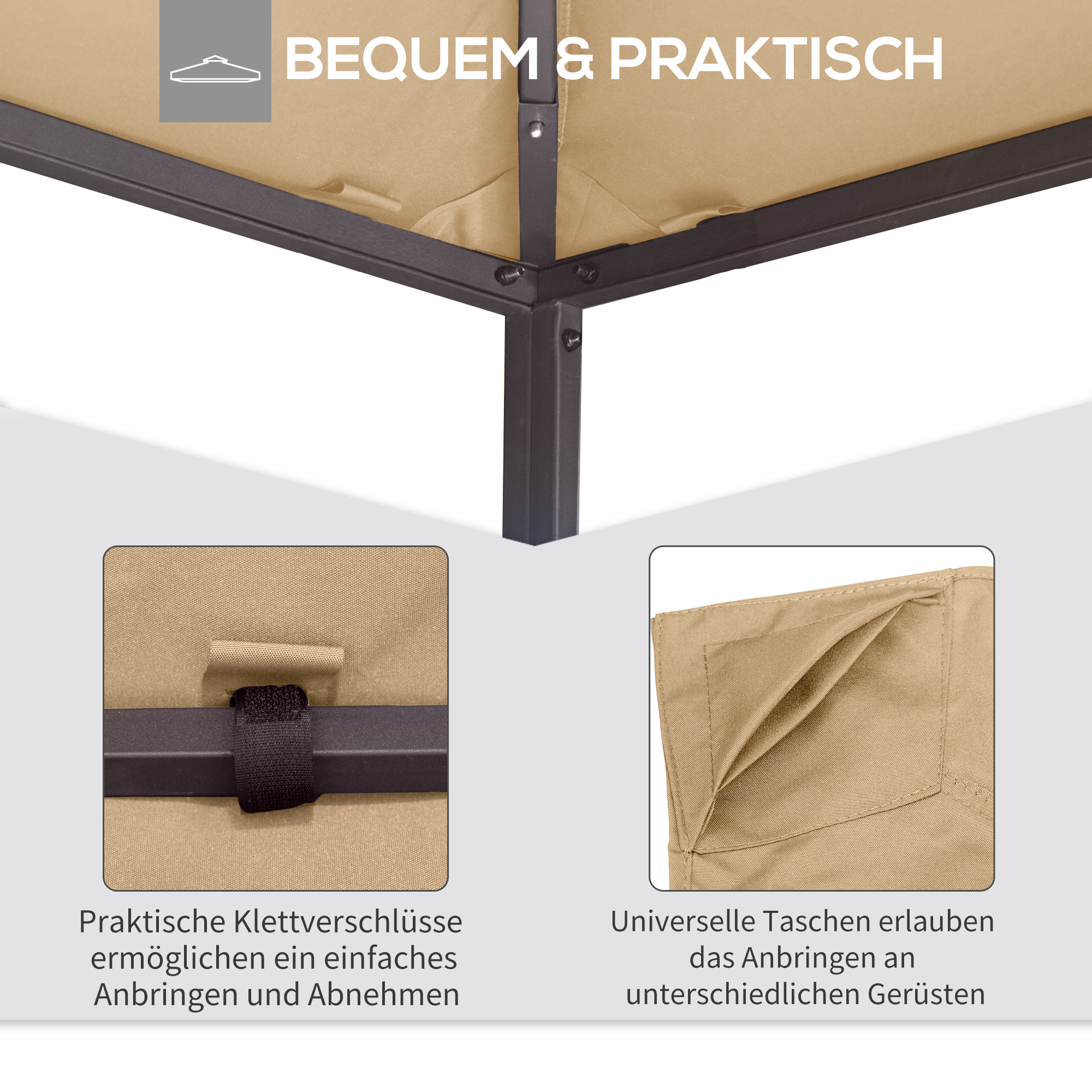 Nahaufnahme einer Eckverbindung des Baldachins mit Befestigungen und Taschen.
